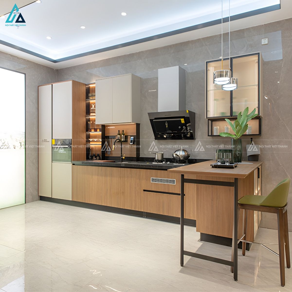 Mẫu tủ bếp mdf kết hợp bàn ăn thông minh tiện nghi và tinh tế