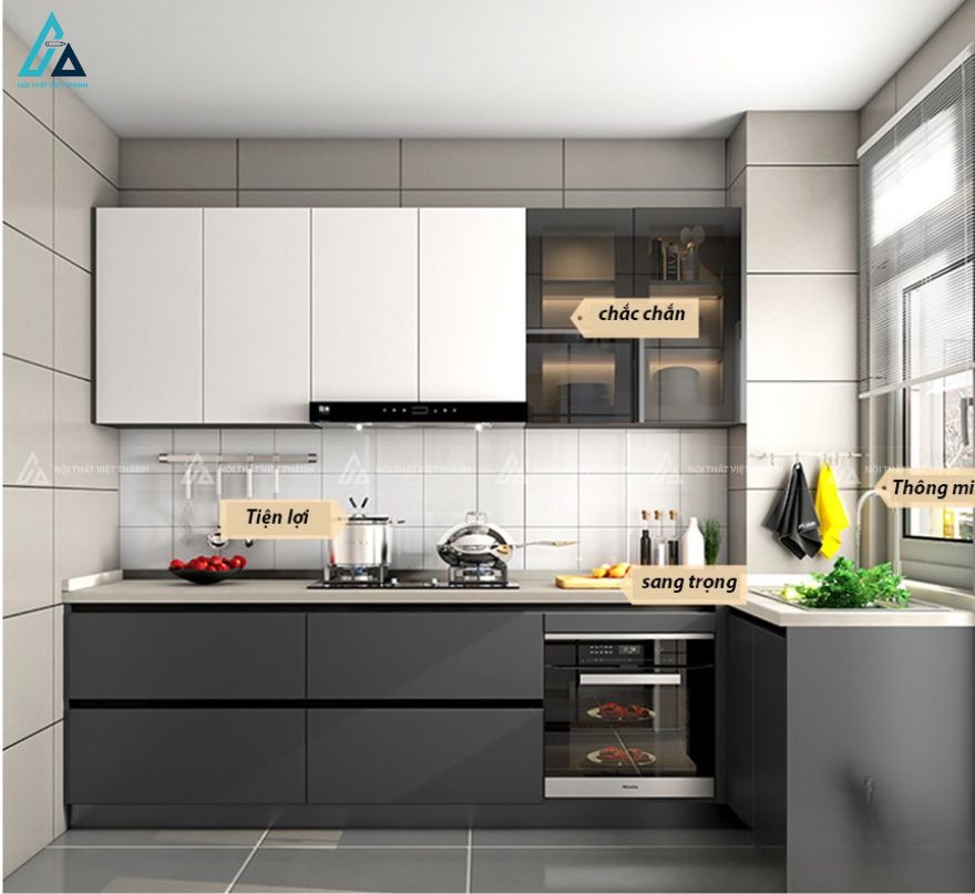Bộ tủ bếp mdf màu xám trắng thanh lịch và tối ưu tiện ích
