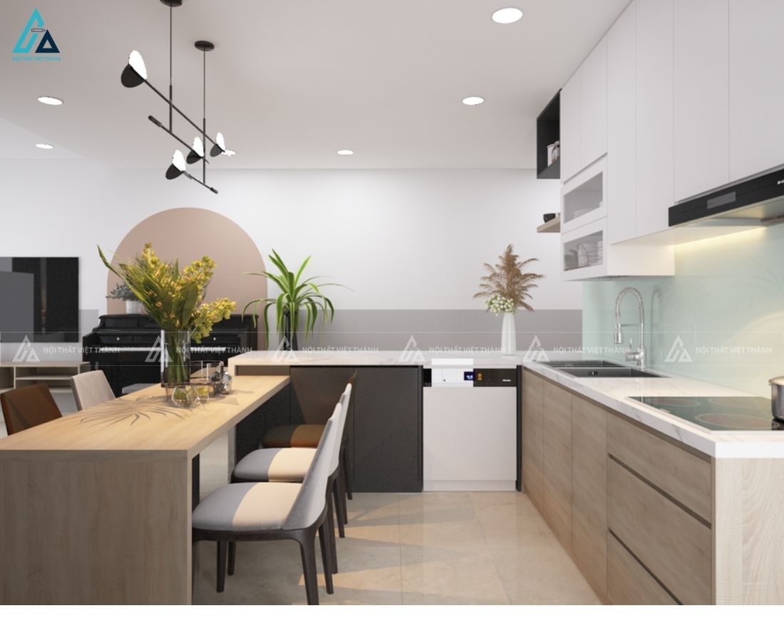 Tủ bếp mdf kết hợp bàn ăn hiện đại sang trọng cho căn hộ