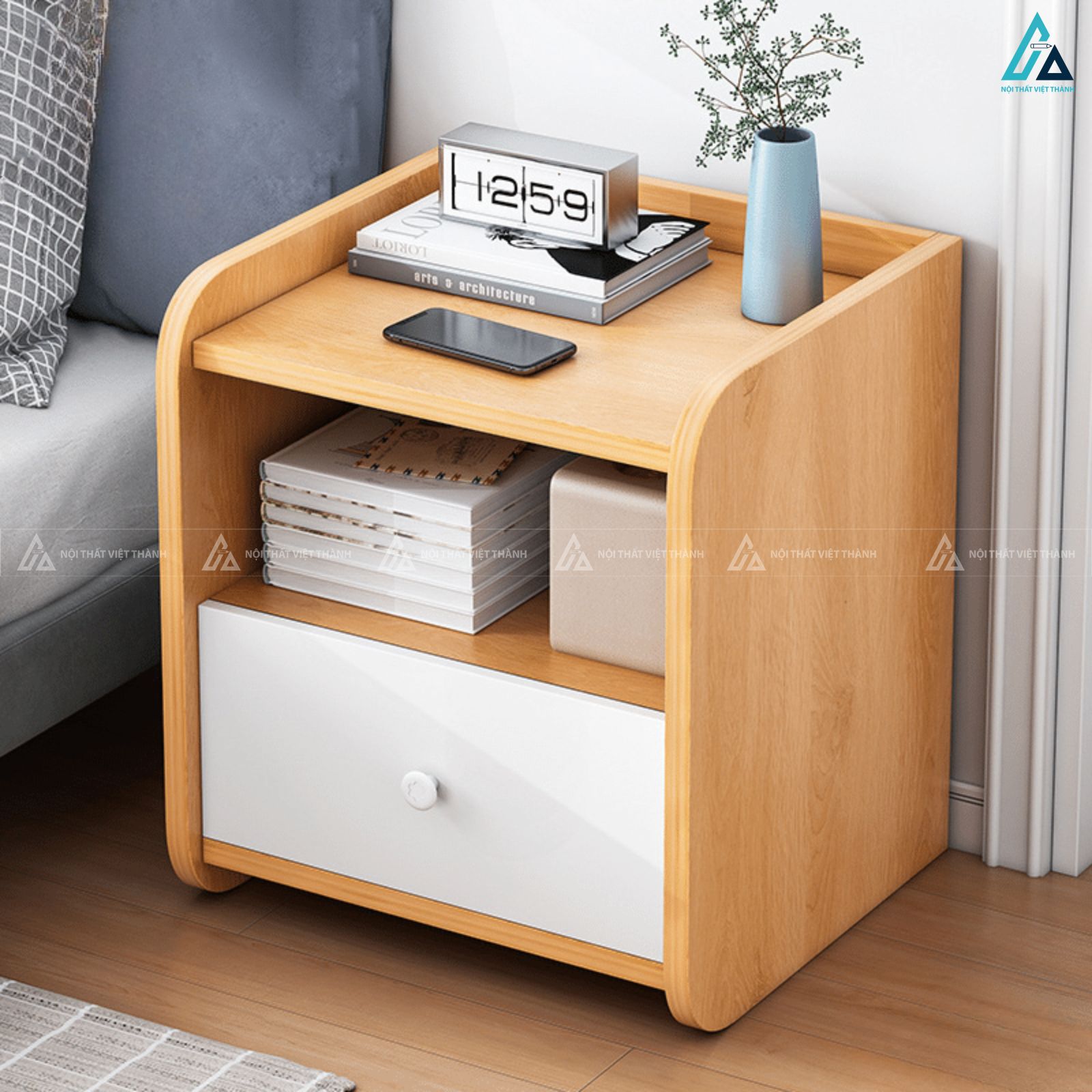 Tủ đầu giường bo góc hiện đại phối trắng tinh tế sang trọng