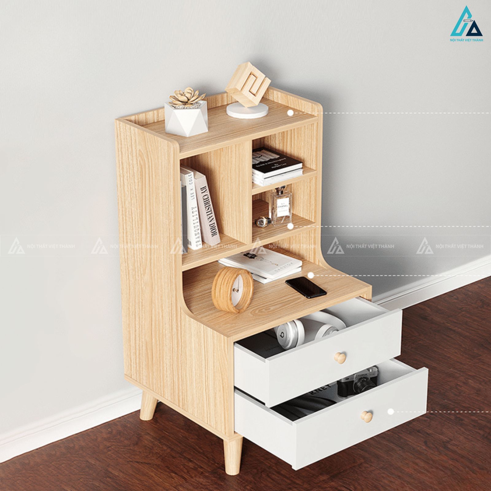 Tủ đầu giường hai ngăn kéo phối kệ sách trang trí ấn tượng 1