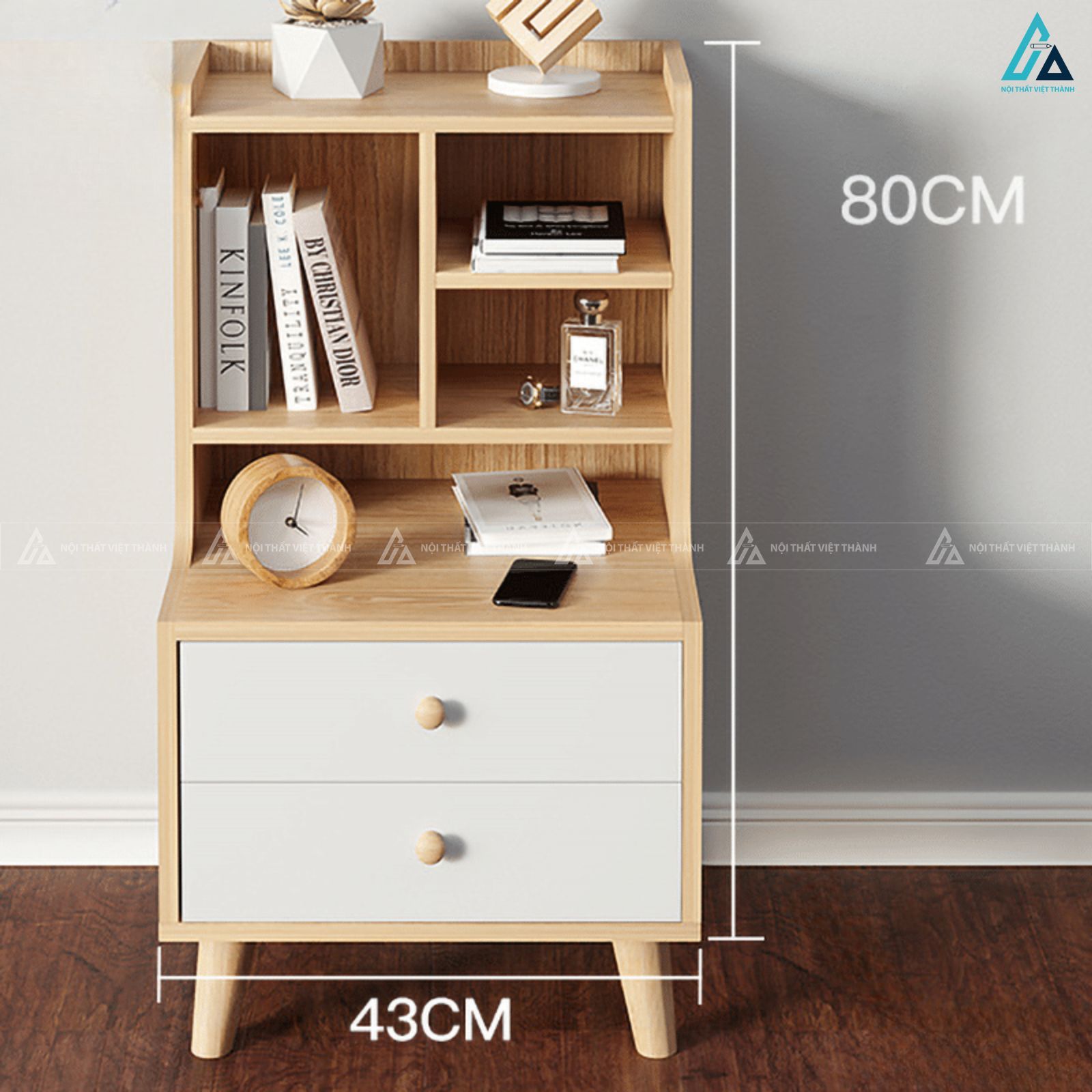 Tủ đầu giường hai ngăn kéo phối kệ sách trang trí ấn tượng 3
