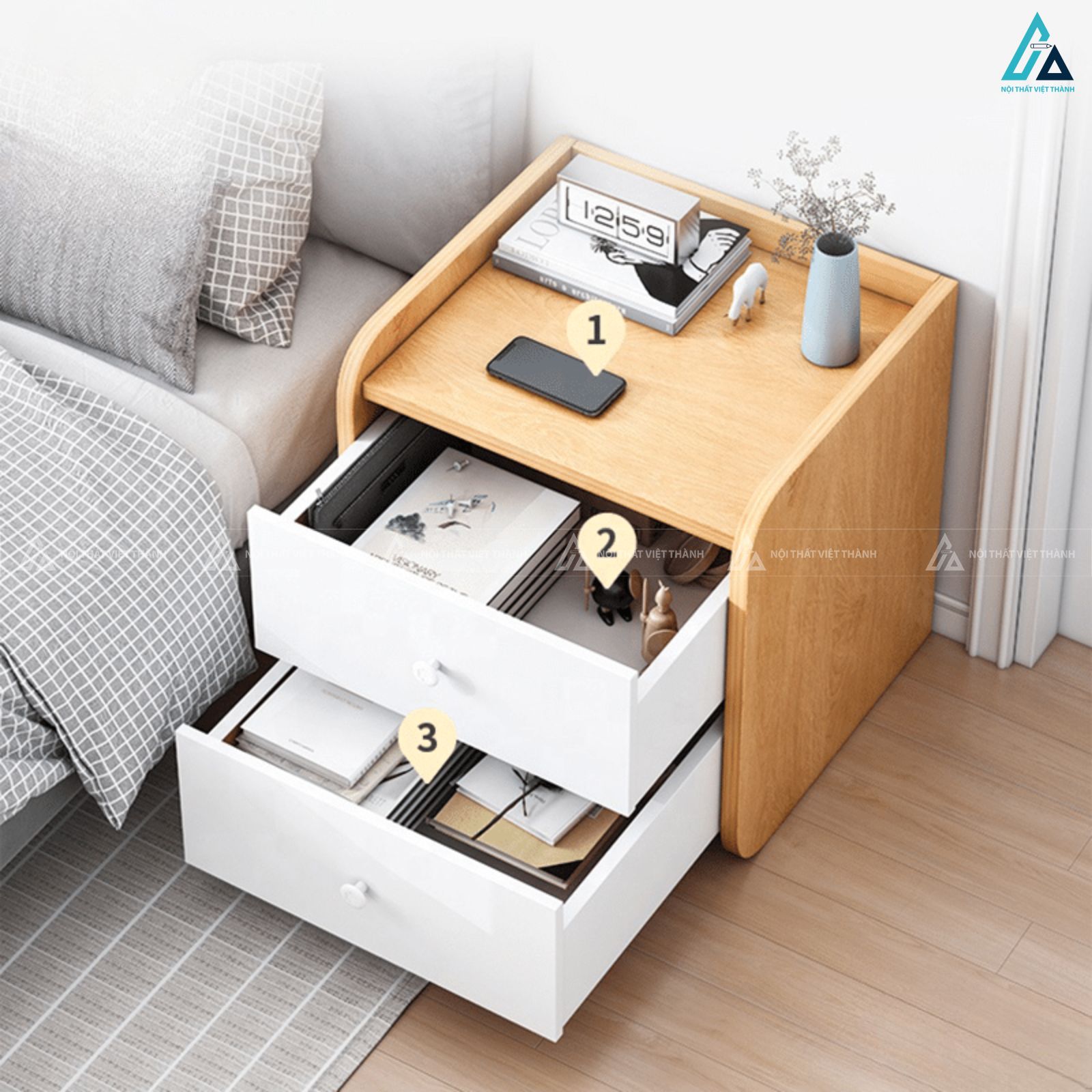 Tủ đầu giường bo góc hiện đại phối trắng tinh tế sang trọng 2