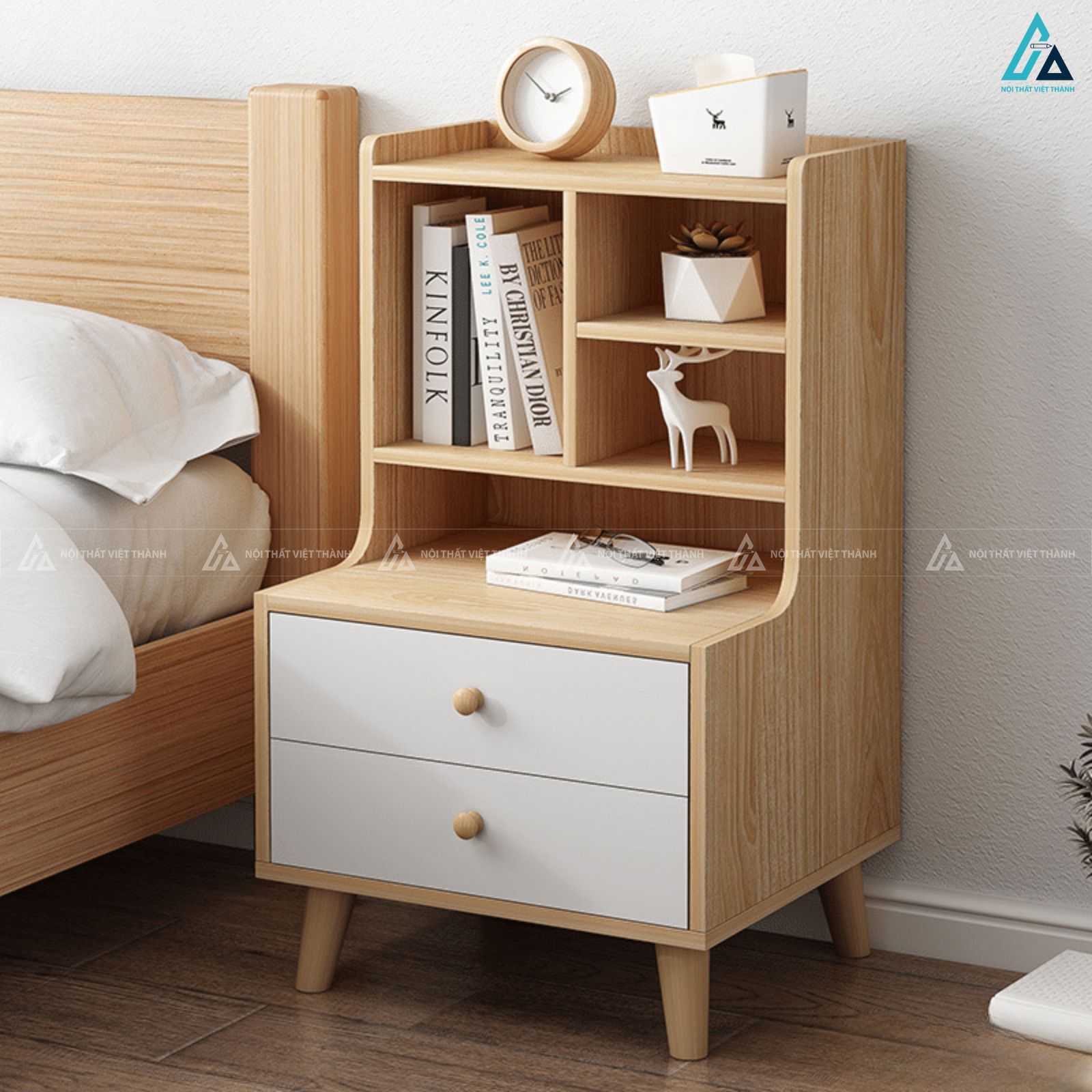 Tủ đầu giường hai ngăn kéo phối kệ sách trang trí ấn tượng
