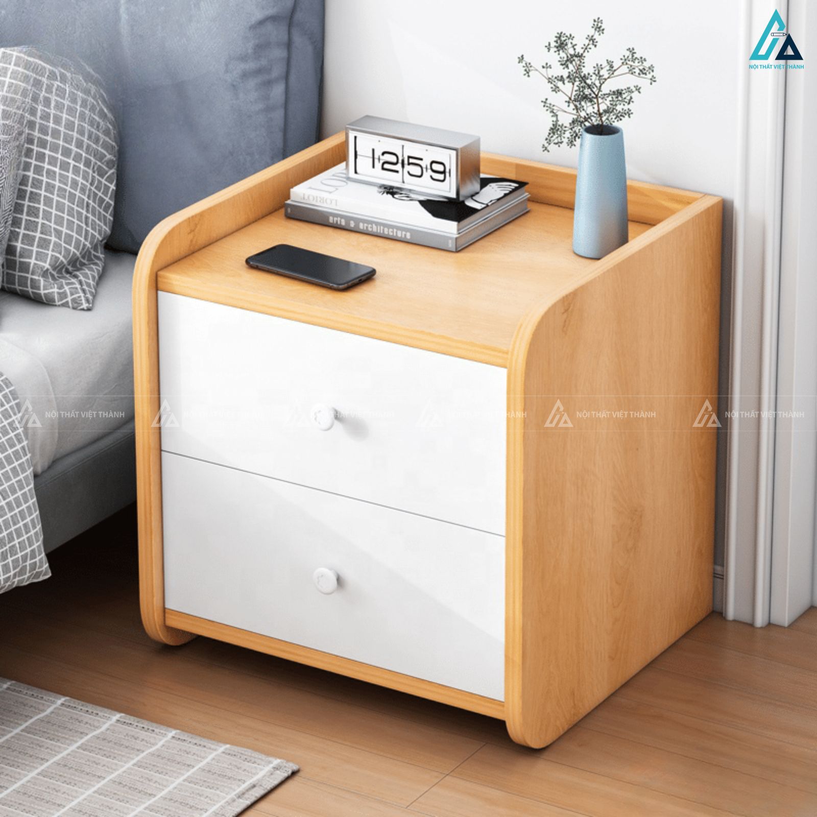 Tủ đầu giường bo góc hiện đại phối trắng tinh tế sang trọng 5
