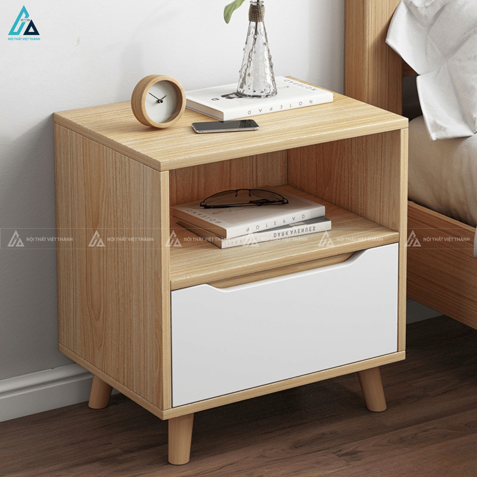 Tủ đầu giường gỗ phối trắng chân cao phong cách Bắc Âu thanh lịch 1