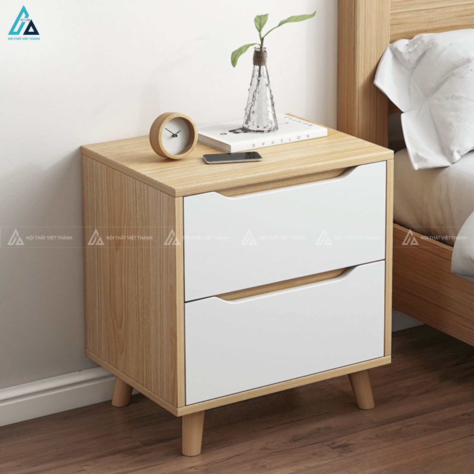 Tủ đầu giường gỗ phối trắng chân cao phong cách Bắc Âu thanh lịch