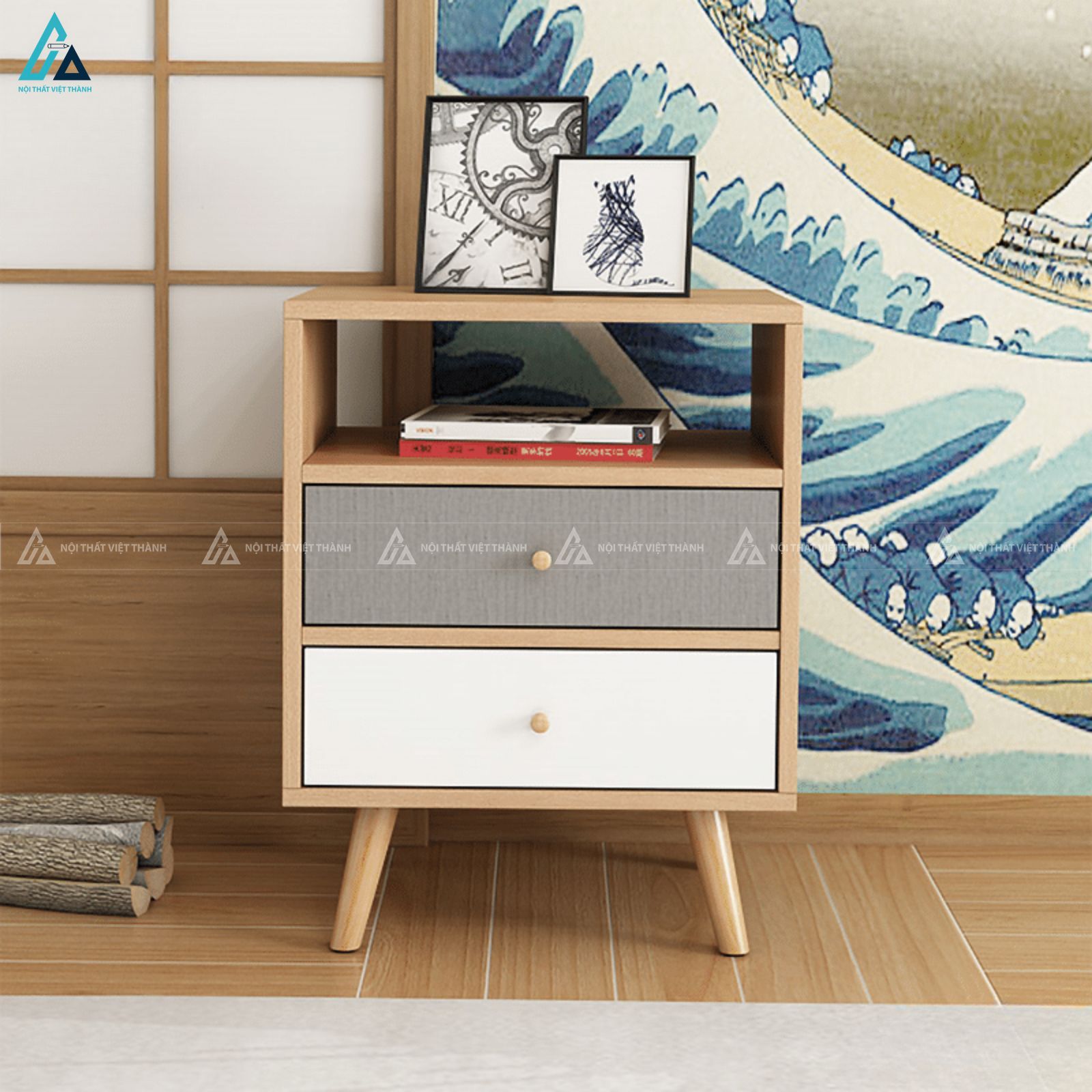 Tủ đầu giường gỗ phối màu hiện đại với ngăn kéo lưu trữ tiện dụng