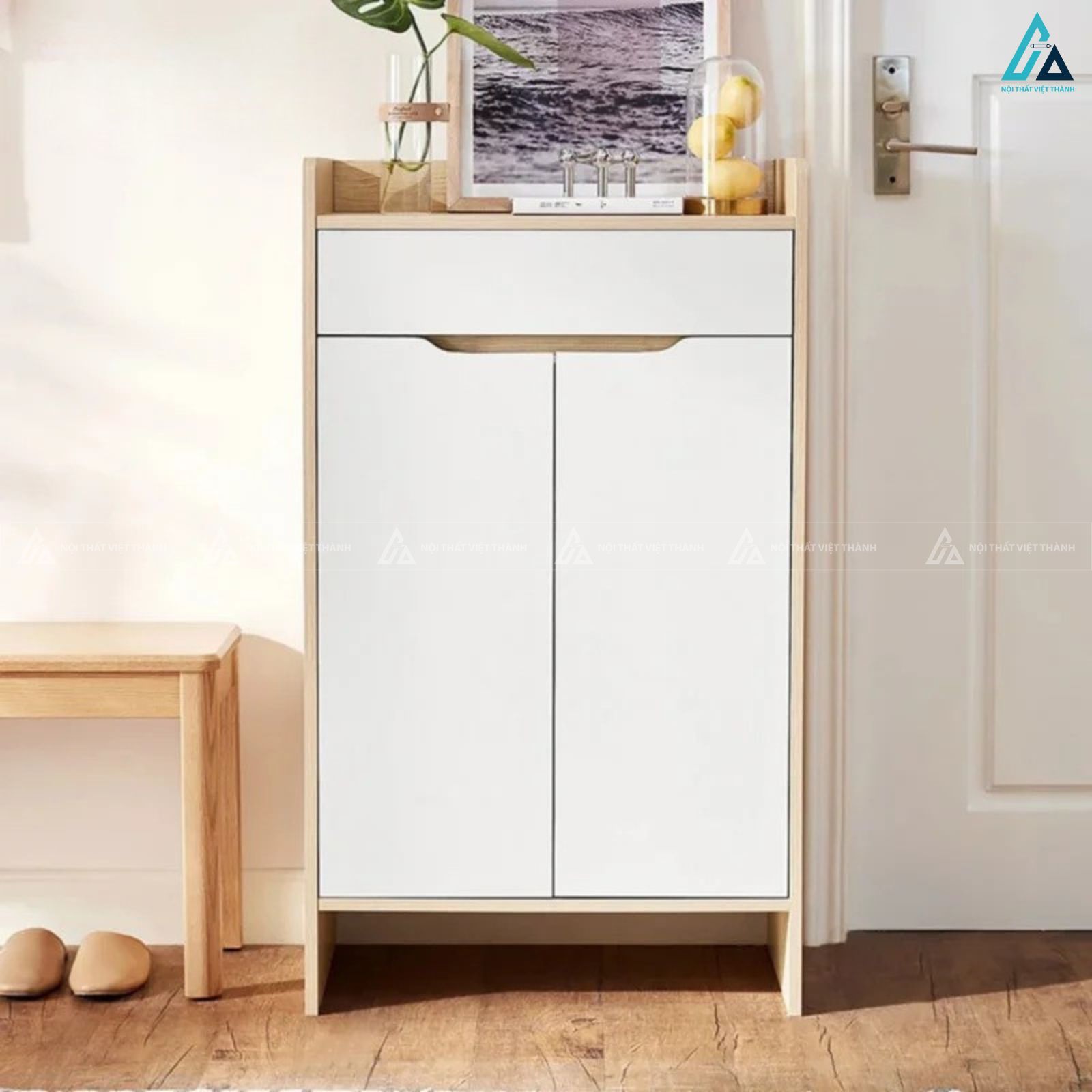 Tủ giày nhỏ gọn hiện đại phối màu gỗ trắng tinh tế cho lối vào 1