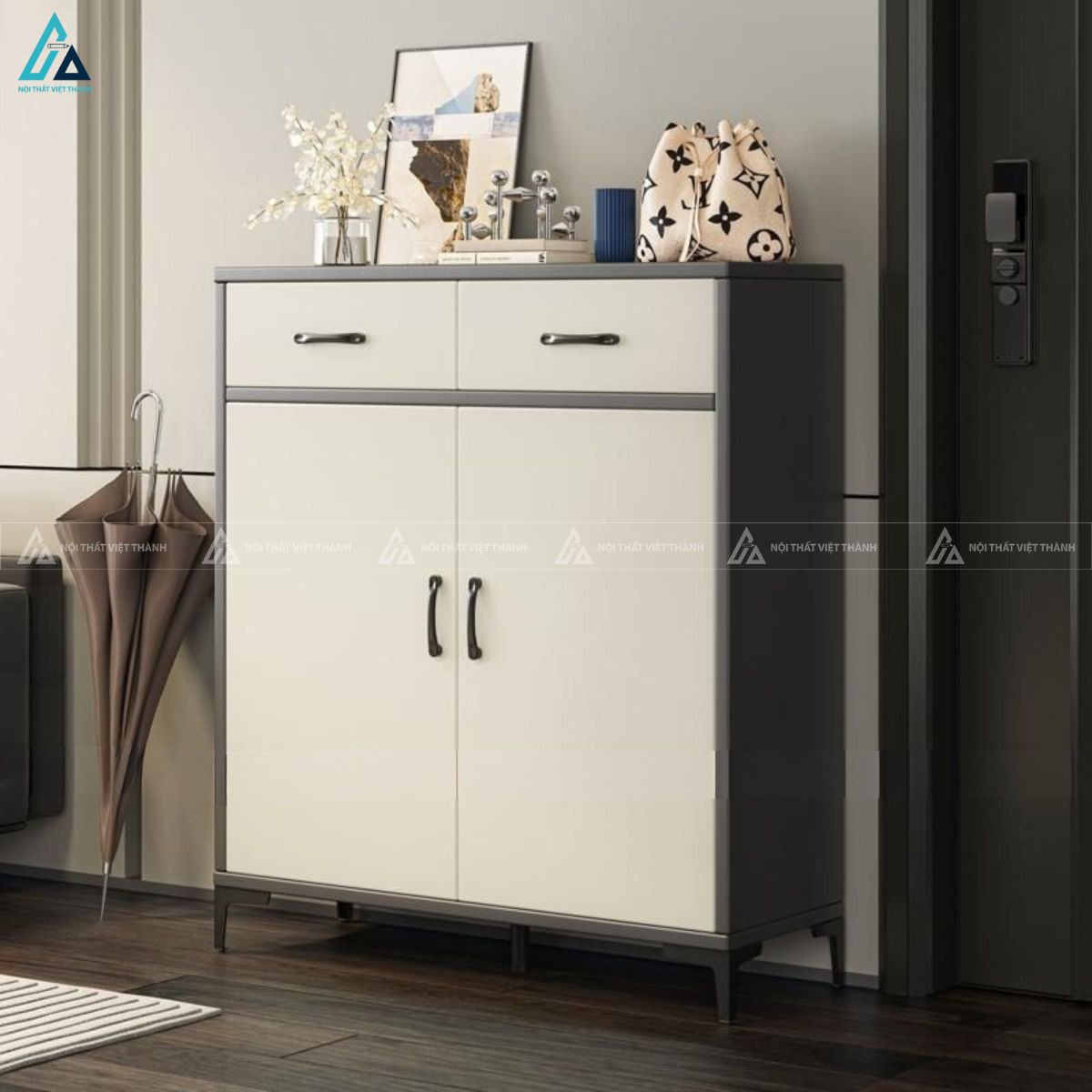 Tủ giày hiện đại phối màu trắng xám thiết kế chân cao thông thoáng