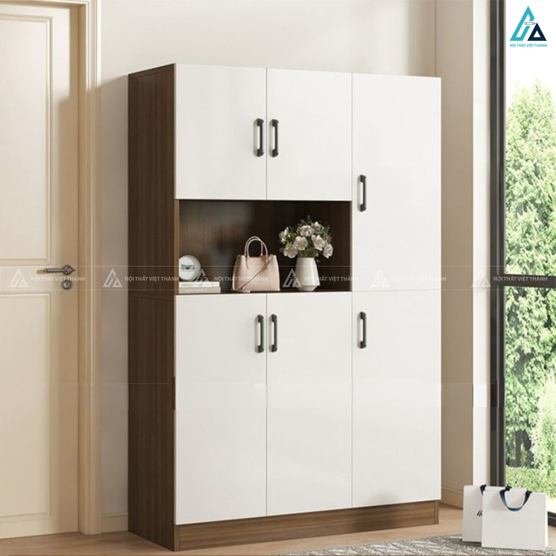 Tủ giày hiện đại màu trắng tinh tế kết hợp kệ mở để đồ trang trí 3