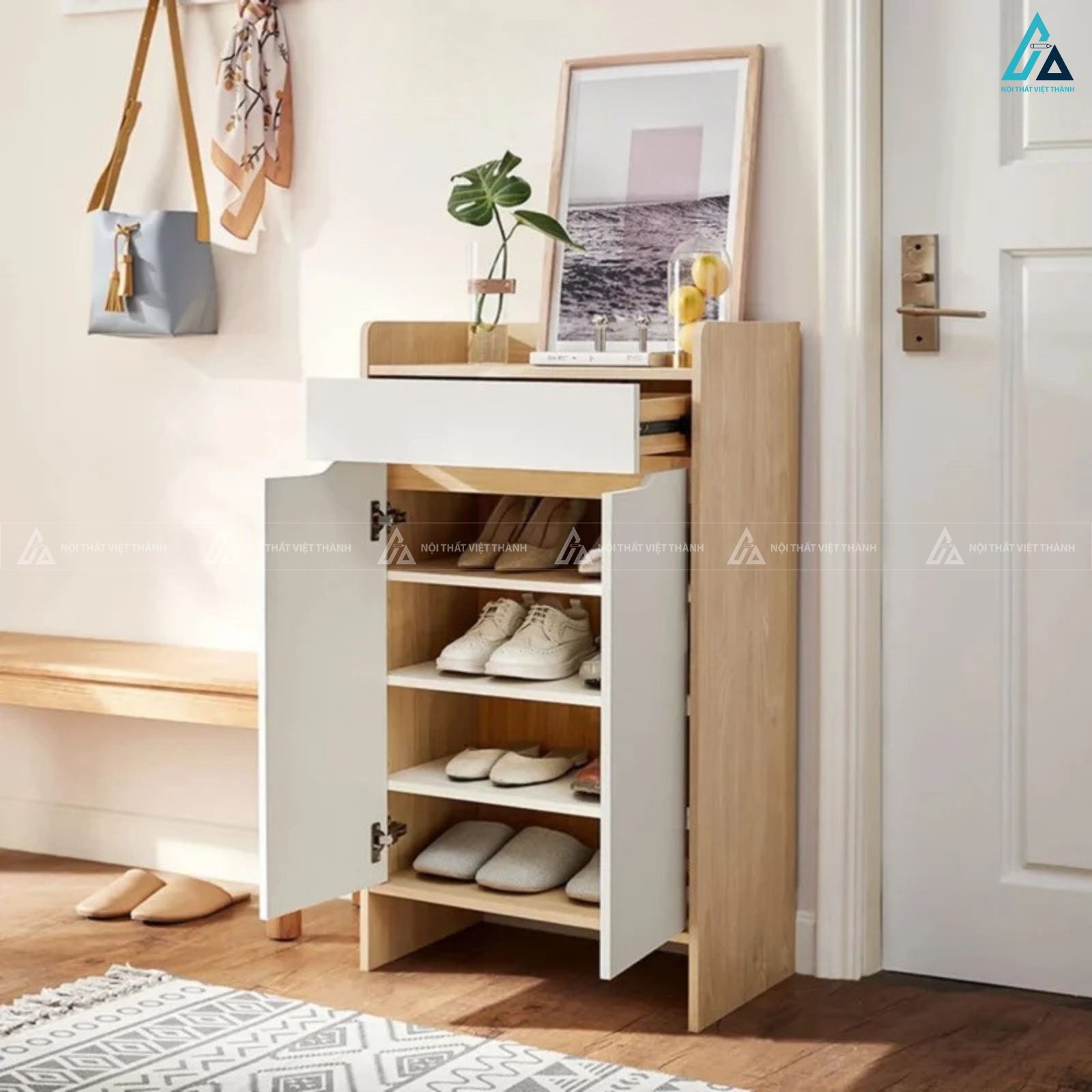 Tủ giày nhỏ gọn hiện đại phối màu gỗ trắng tinh tế cho lối vào 2