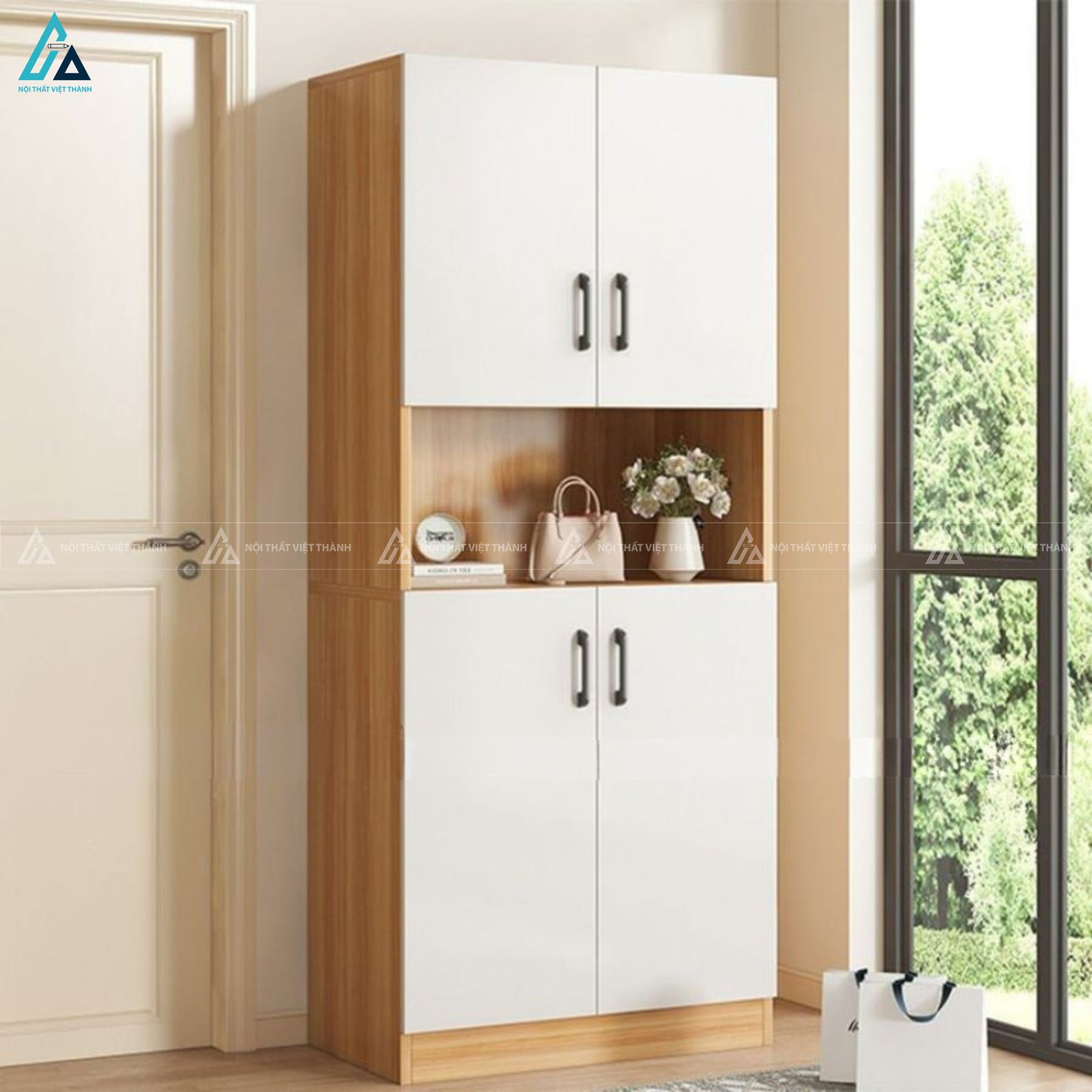 Tủ giày hiện đại màu trắng tinh tế kết hợp kệ mở để đồ trang trí 2