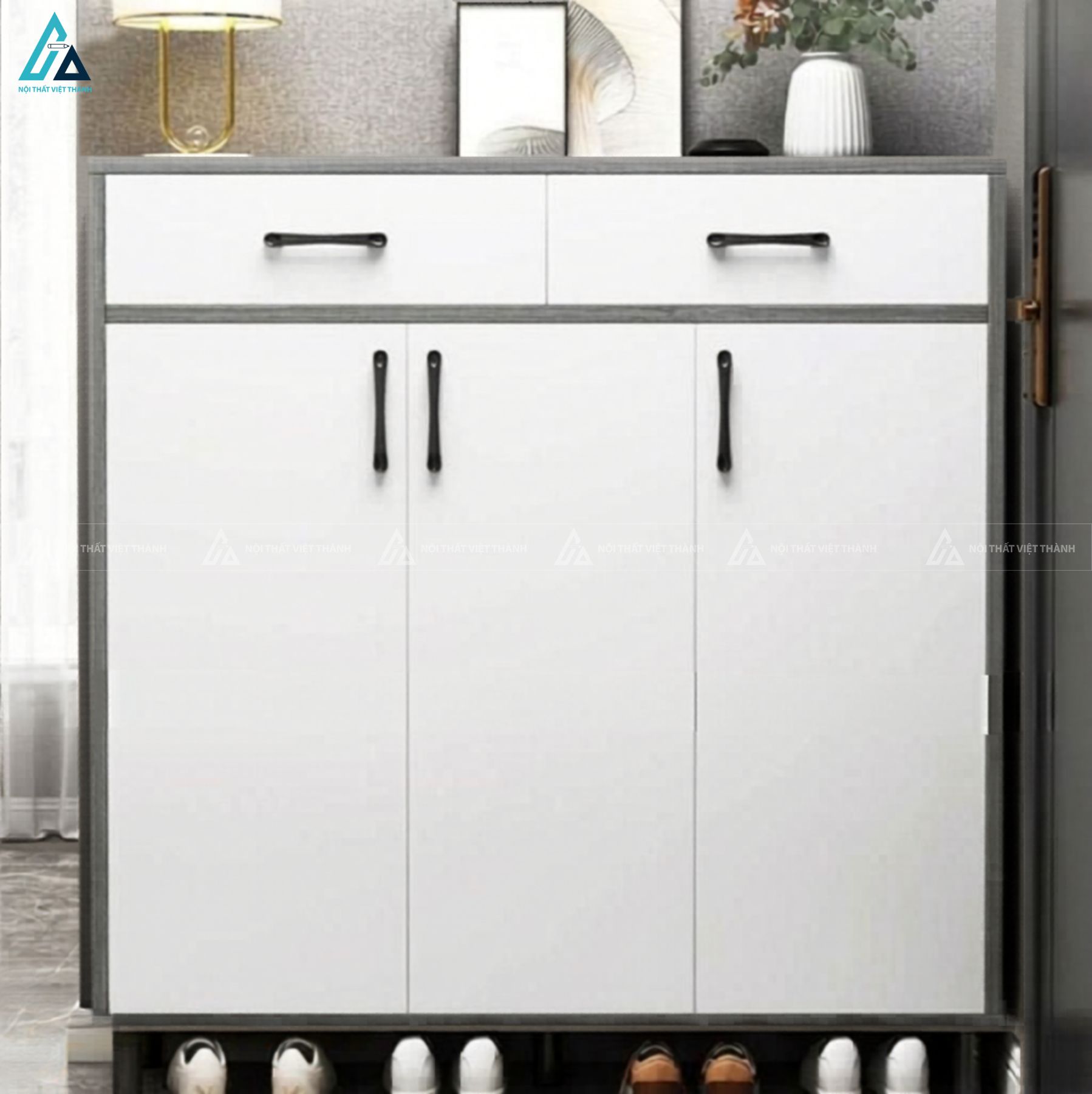 Tủ giày hiện đại phối màu trắng xám thiết kế chân cao thông thoáng 2