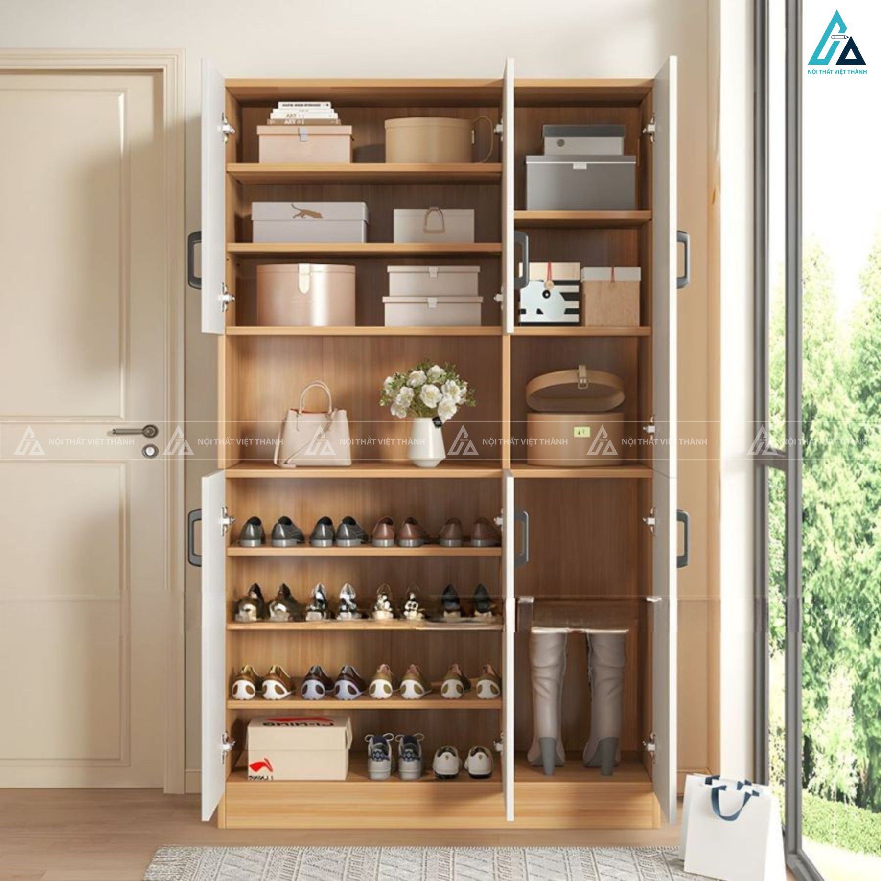 Tủ giày hiện đại màu trắng tinh tế kết hợp kệ mở để đồ trang trí 1