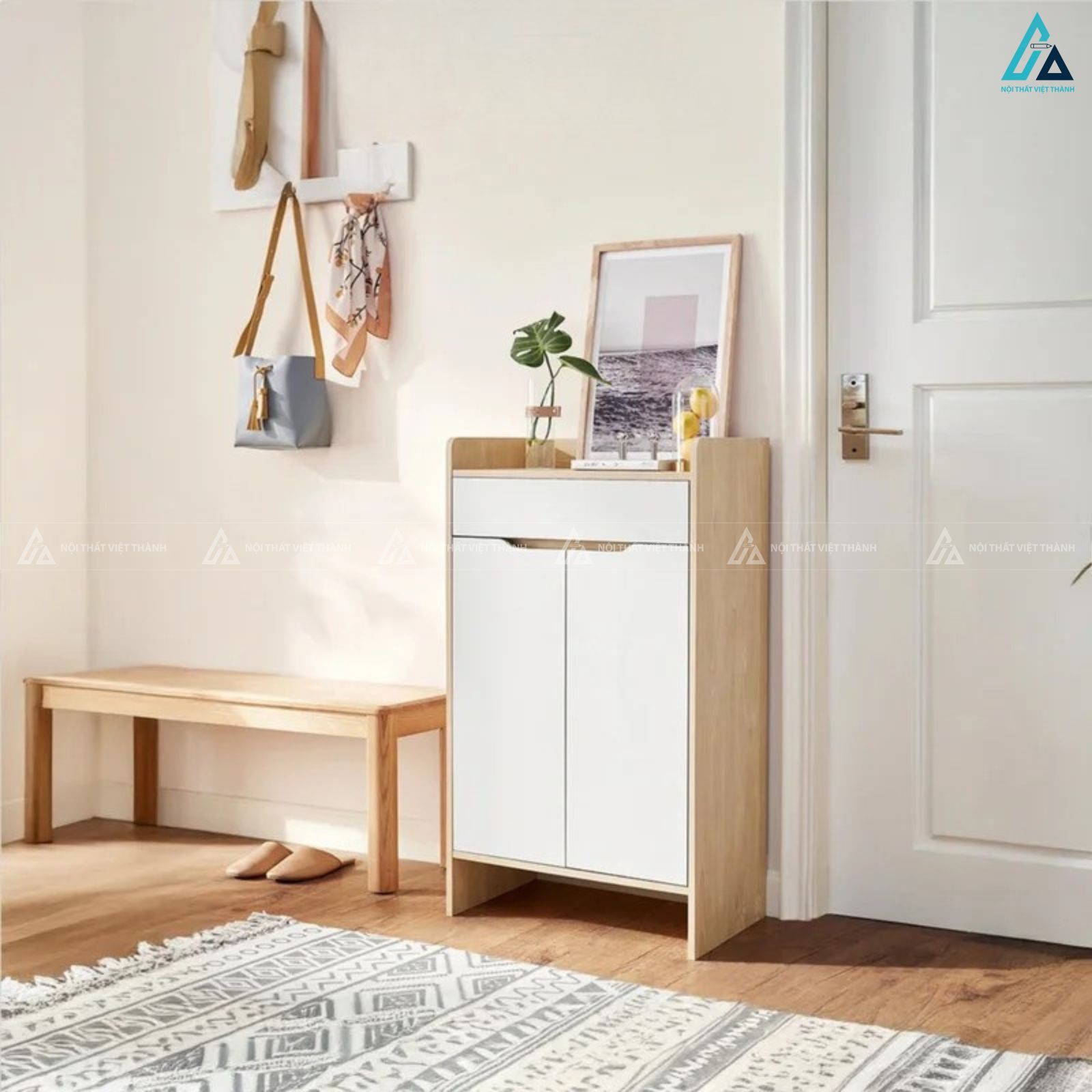 Tủ giày nhỏ gọn hiện đại phối màu gỗ trắng tinh tế cho lối vào
