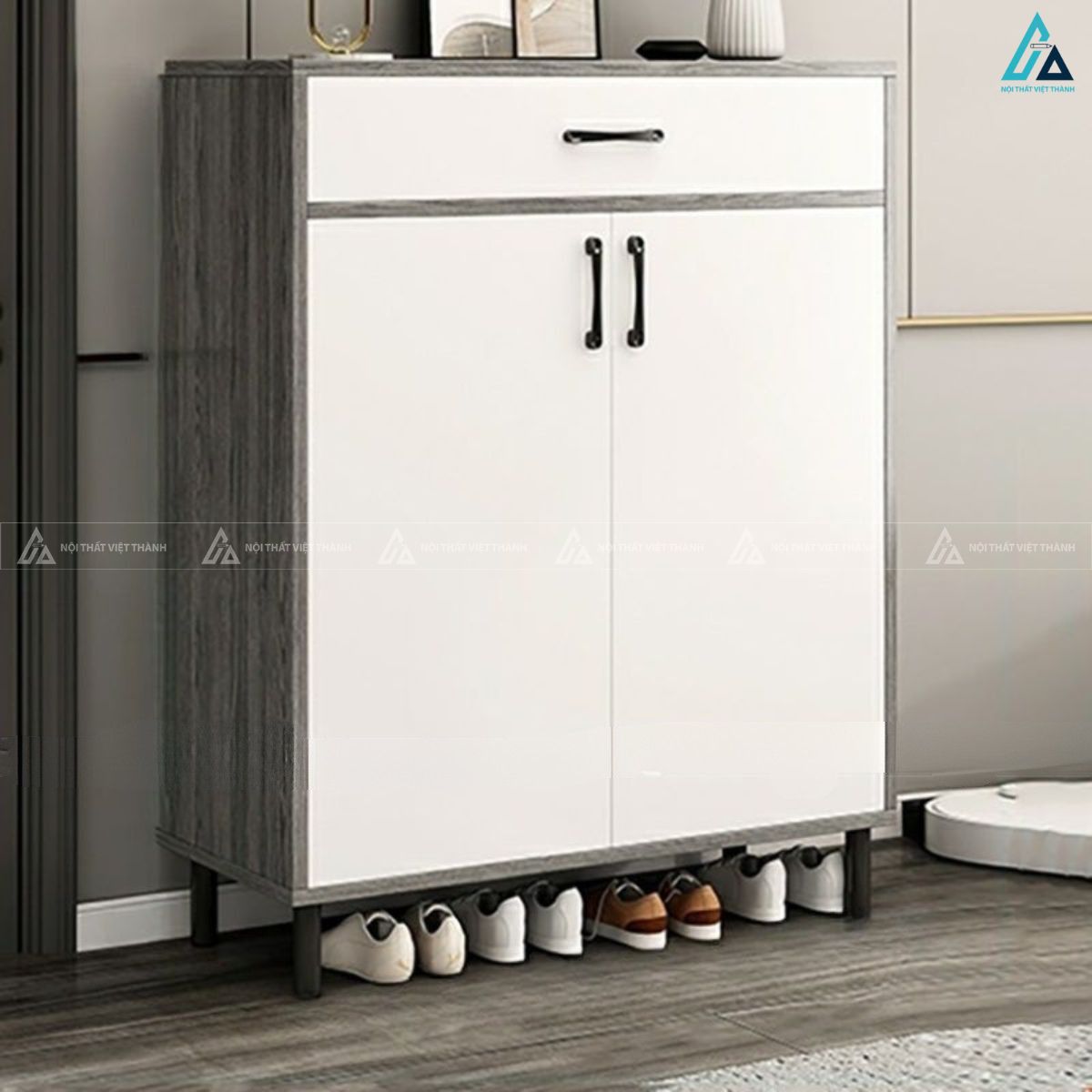 Tủ giày hiện đại phối màu trắng xám thiết kế chân cao thông thoáng 1