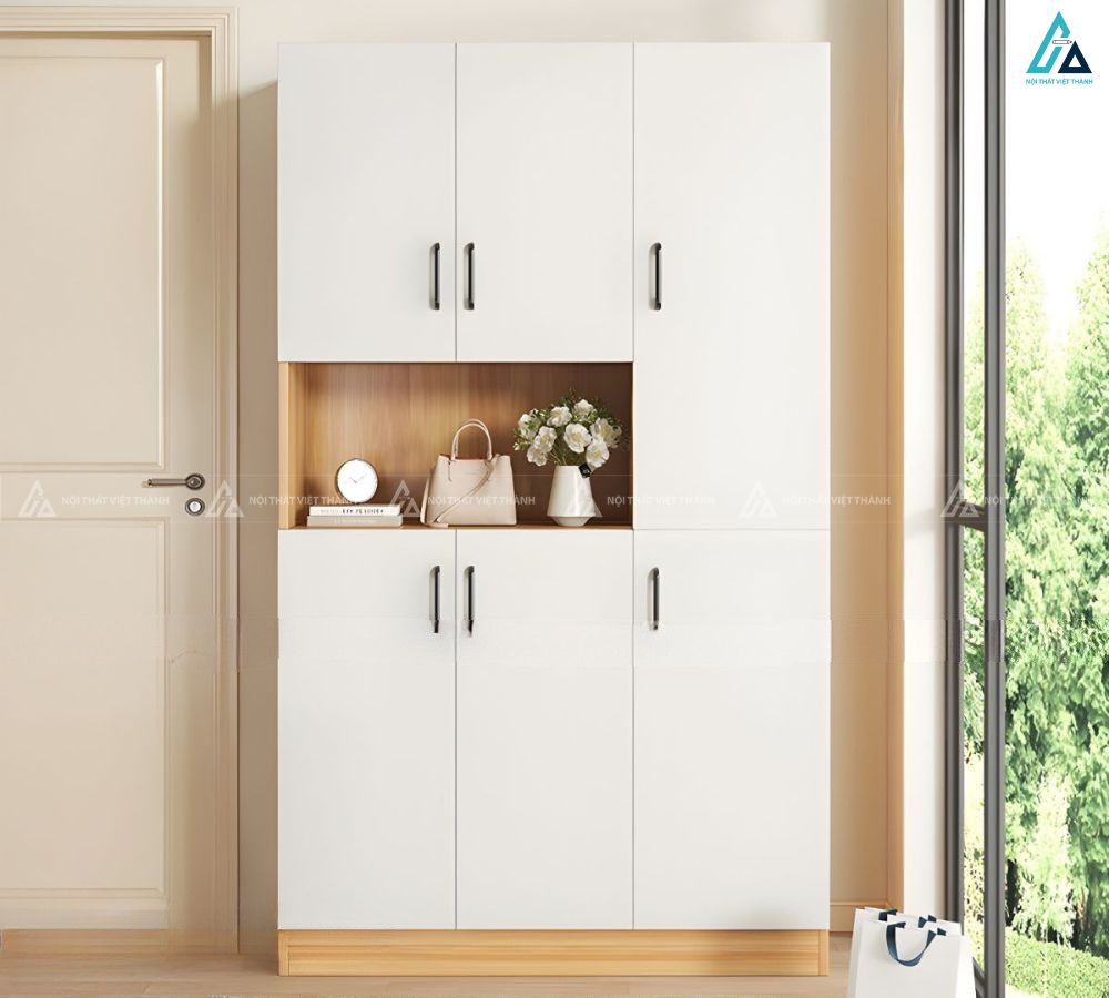 Tủ giày hiện đại màu trắng tinh tế kết hợp kệ mở để đồ trang trí