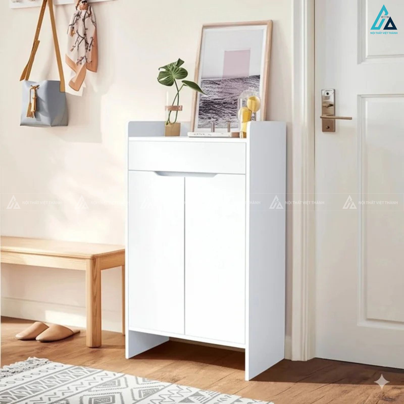 Tủ giày nhỏ gọn hiện đại phối màu gỗ trắng tinh tế cho lối vào 3