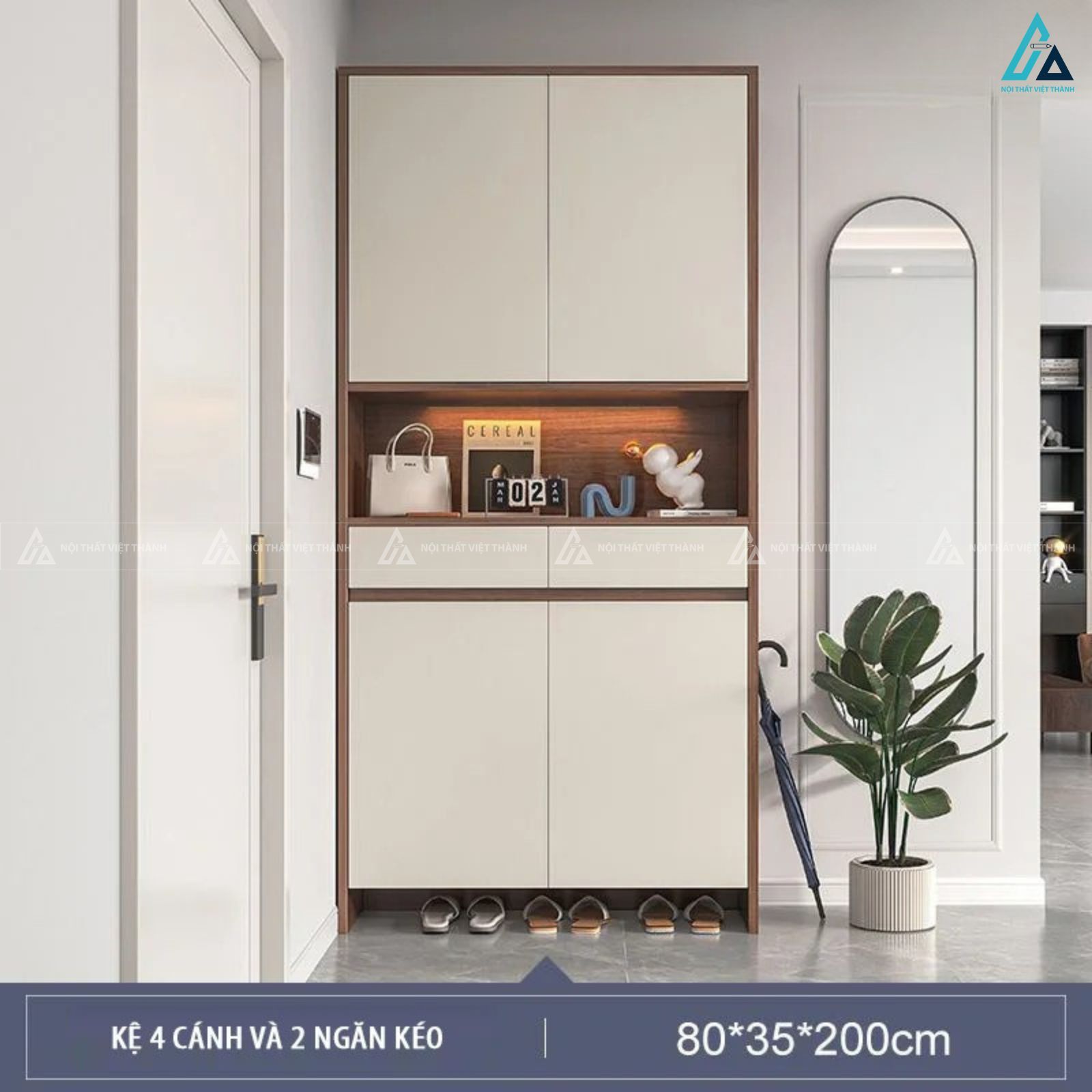 Tủ giày kịch trần 4 cánh phối kệ trang trí có đèn led sang trọng