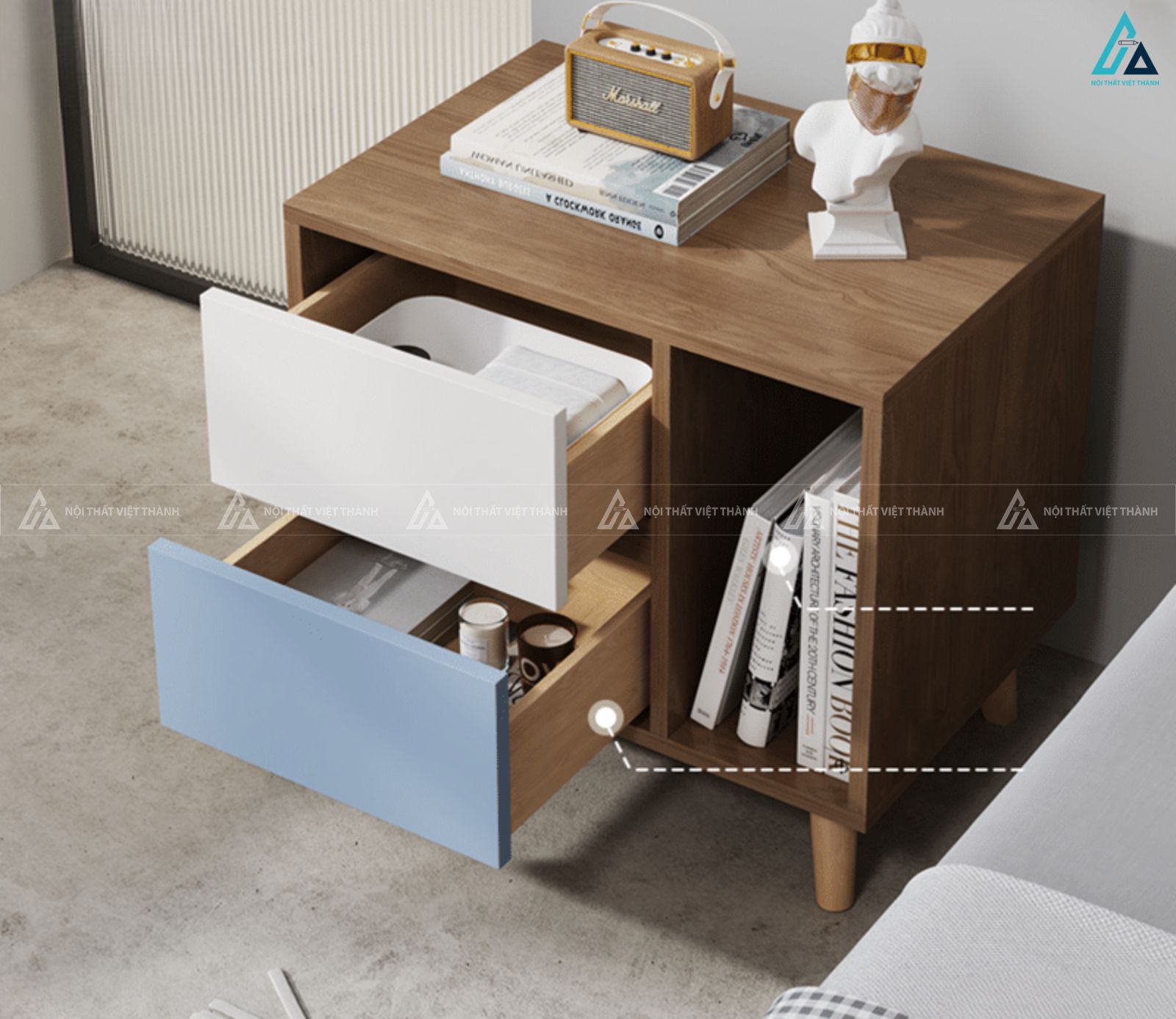 Tủ đầu giường gỗ hai ngăn kéo phối màu sang trọng và tiện lợi 2
