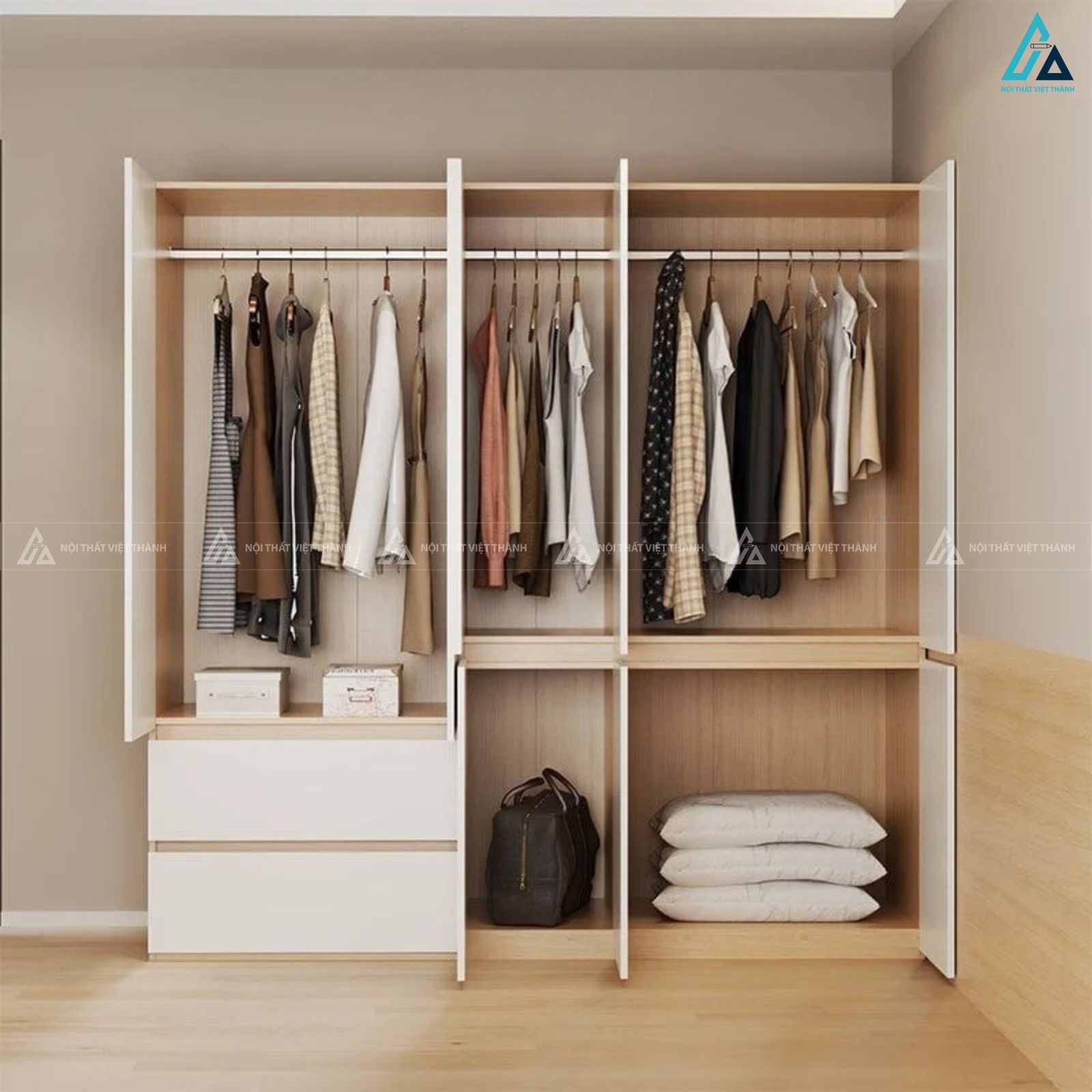 Tủ quần áo gỗ công nghiệp 6 cánh kết hợp ngăn kéo tiện lợi hiện đại 2
