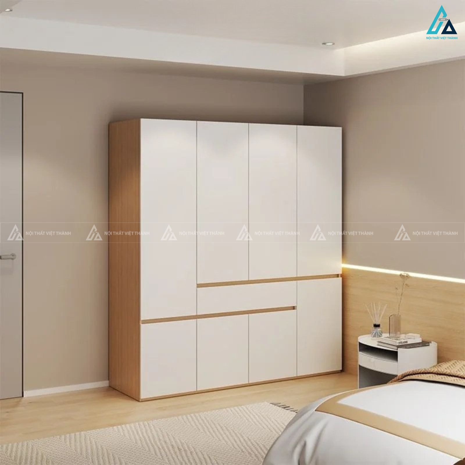 Tủ quần áo gỗ công nghiệp cánh trắng khung vân gỗ bền đẹp tinh tế