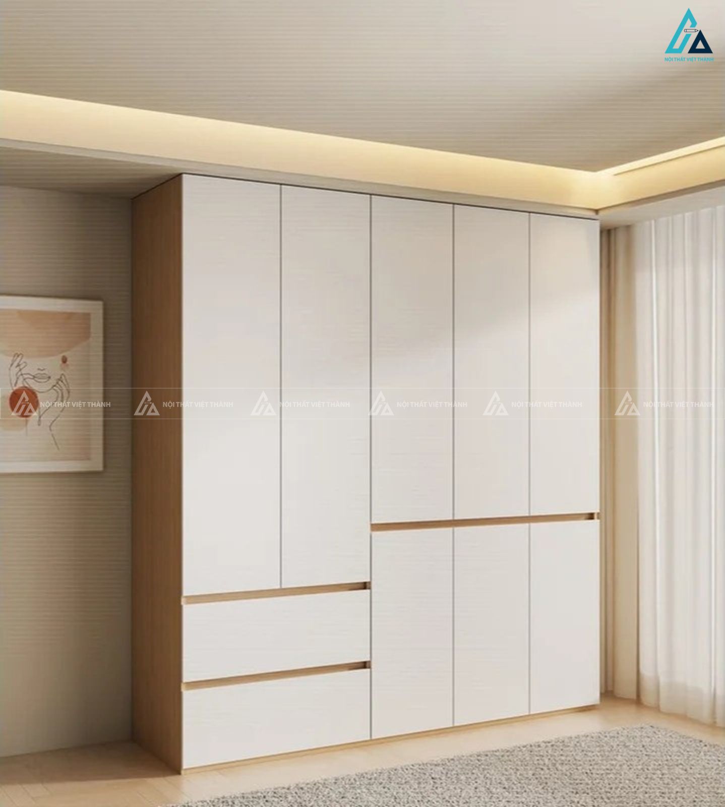 Tủ quần áo gỗ công nghiệp 6 cánh kết hợp ngăn kéo tiện lợi hiện đại
