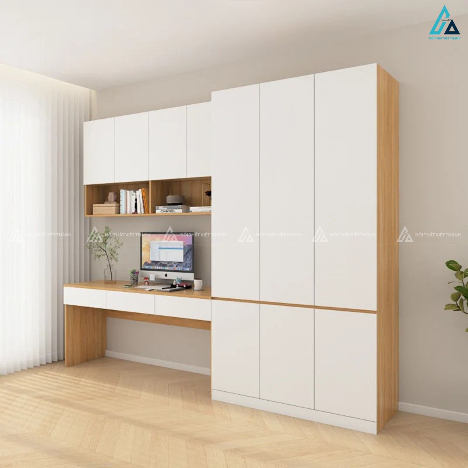 Tủ quần áo gỗ công nghiệp tích hợp bàn làm việc tối ưu không gian nhỏ 2