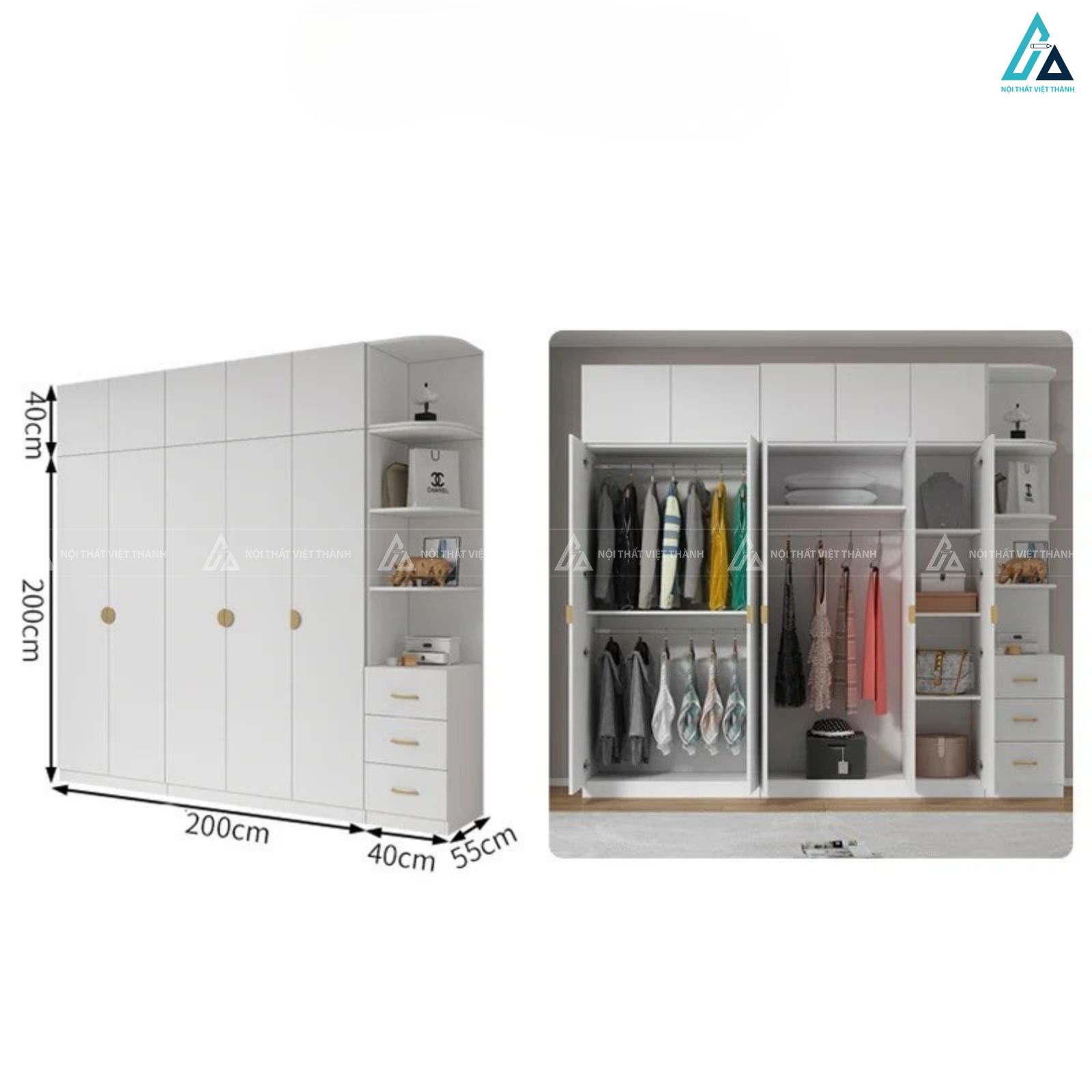 Tủ quần áo gỗ công nghiệp màu trắng kết hợp kệ trang trí hiện đại 2