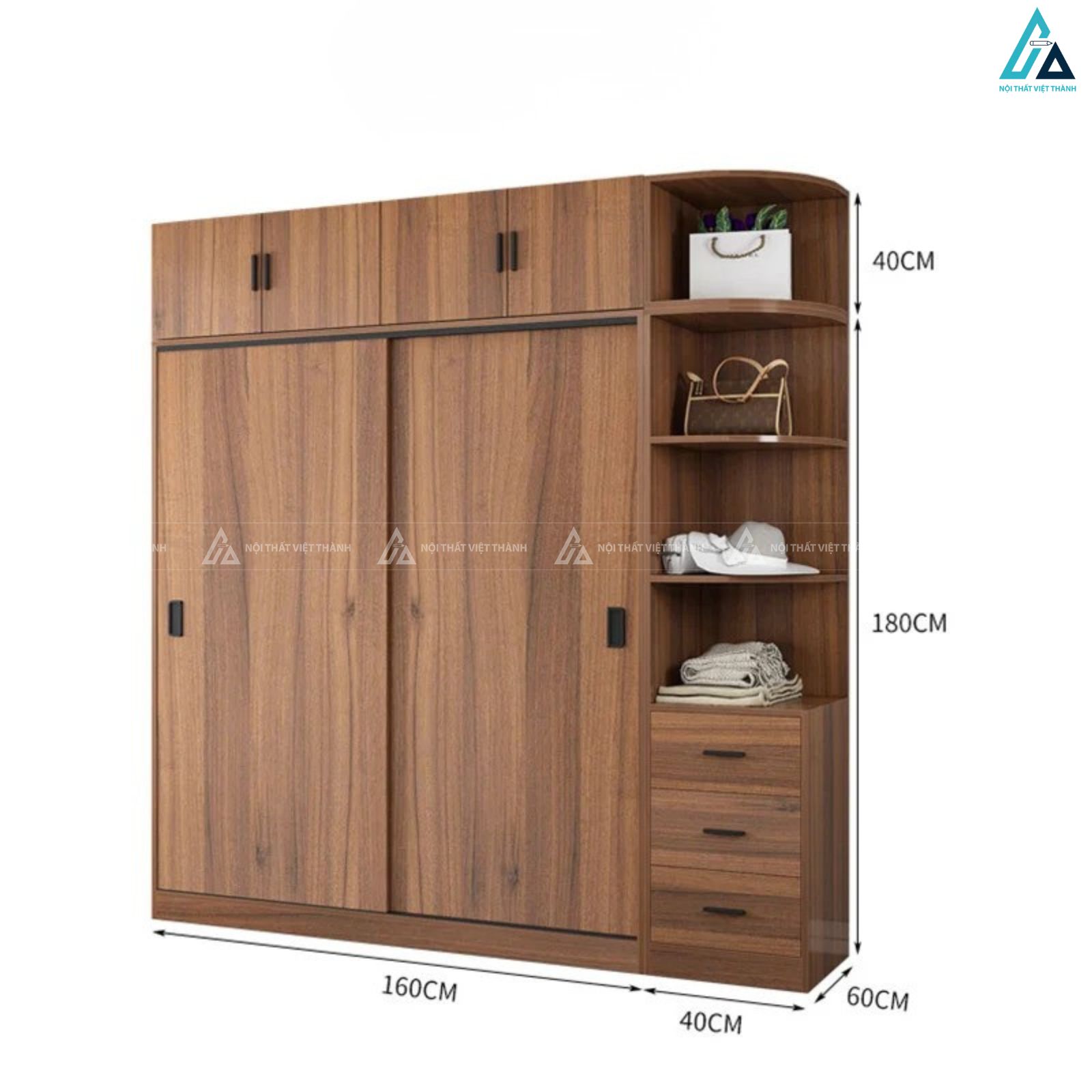 Tủ quần áo gỗ công nghiệp cửa lùa tích hợp kệ trang trí hiện đại 3