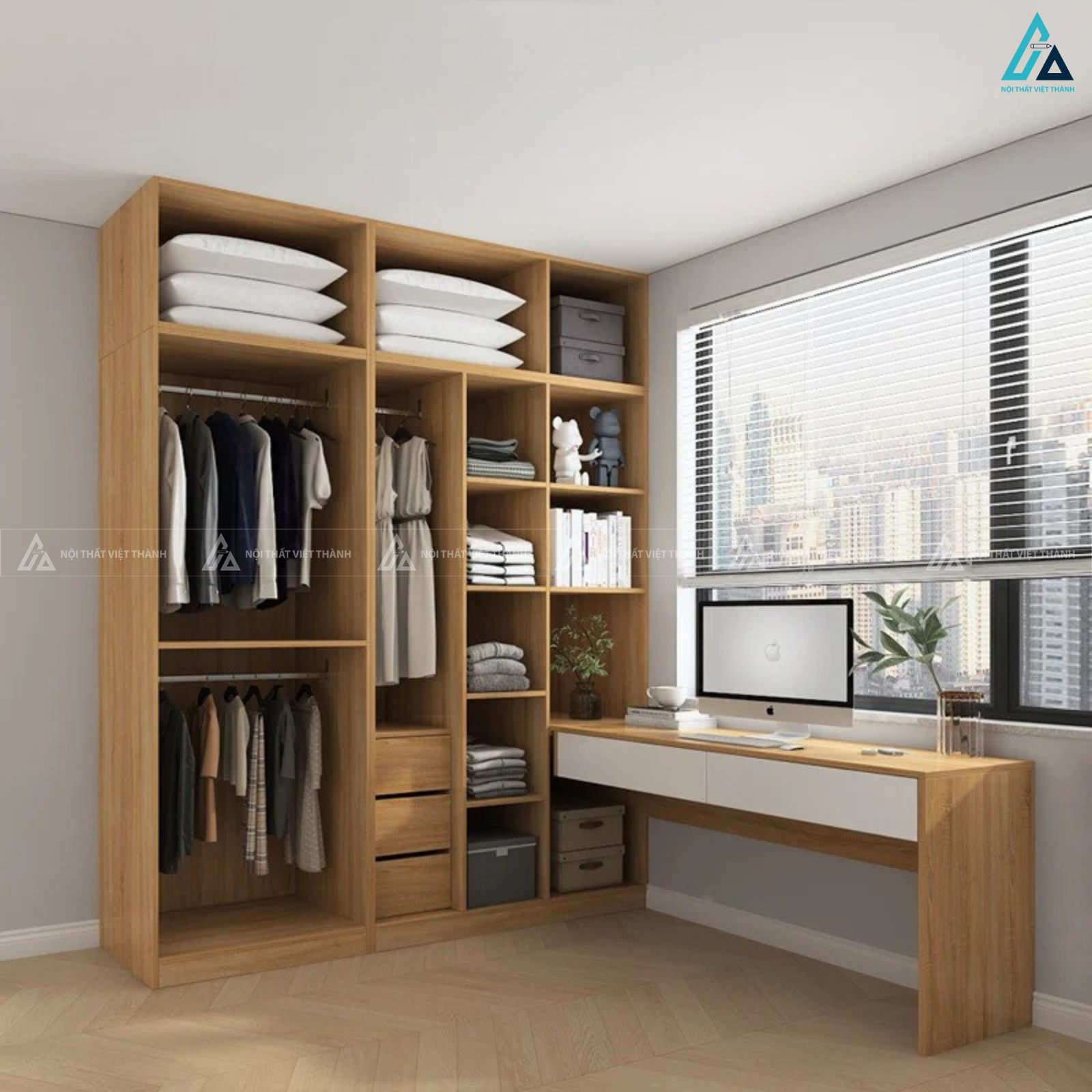 Tủ quần áo gỗ công nghiệp tích hợp bàn làm việc tối ưu không gian 1