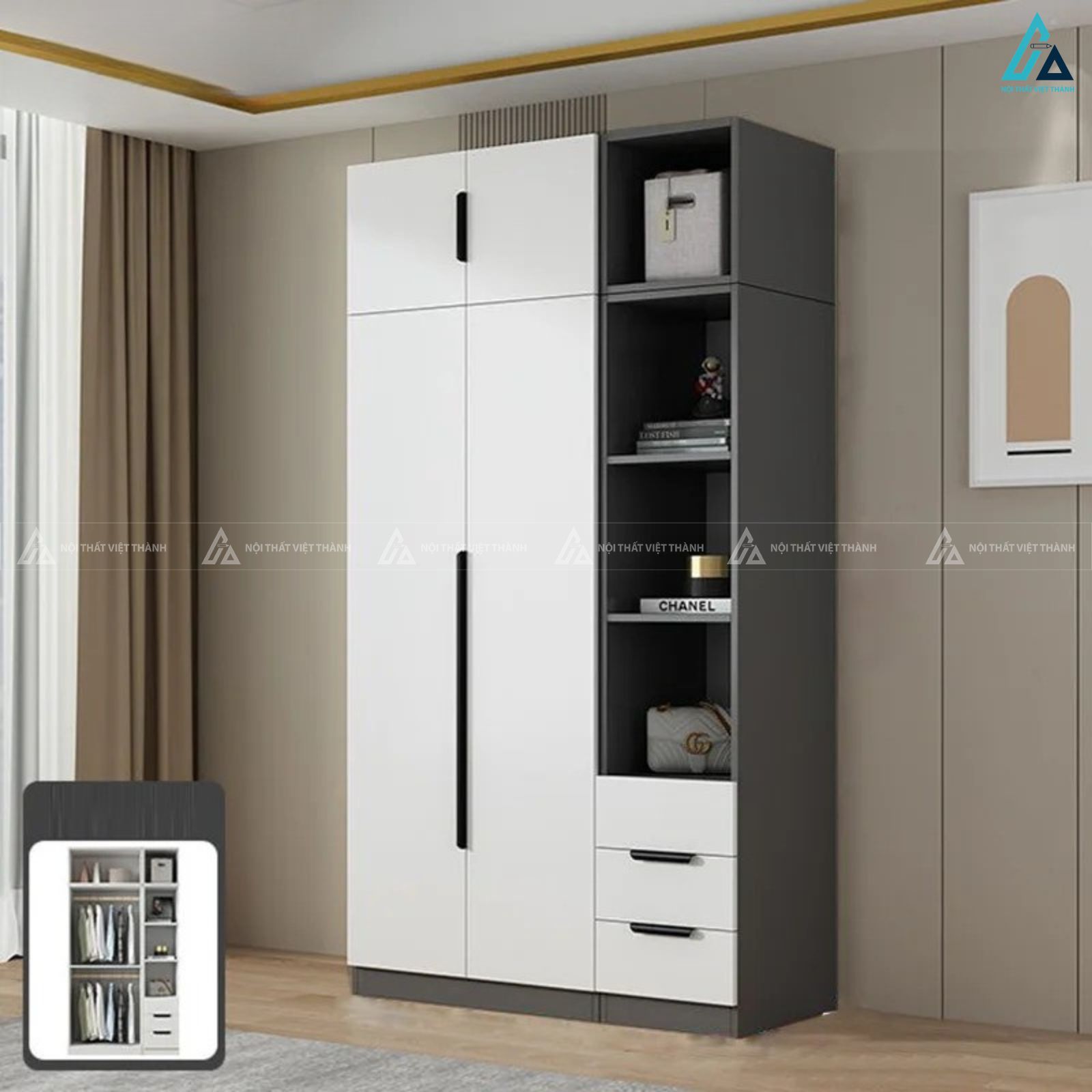 Tủ quần áo gỗ công nghiệp tích hợp kệ trang trí đa năng đẳng cấp