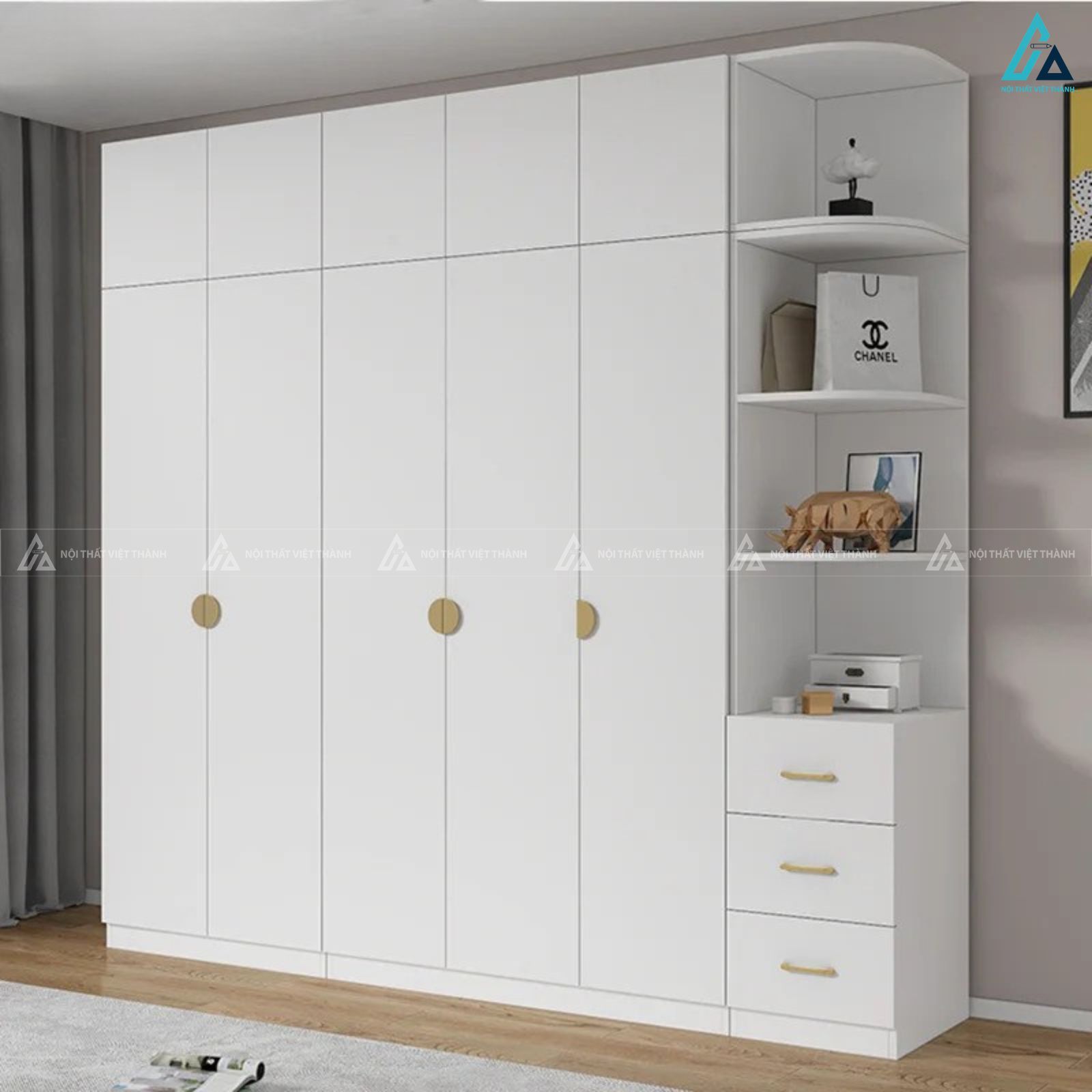 Tủ quần áo gỗ công nghiệp màu trắng kết hợp kệ trang trí hiện đại