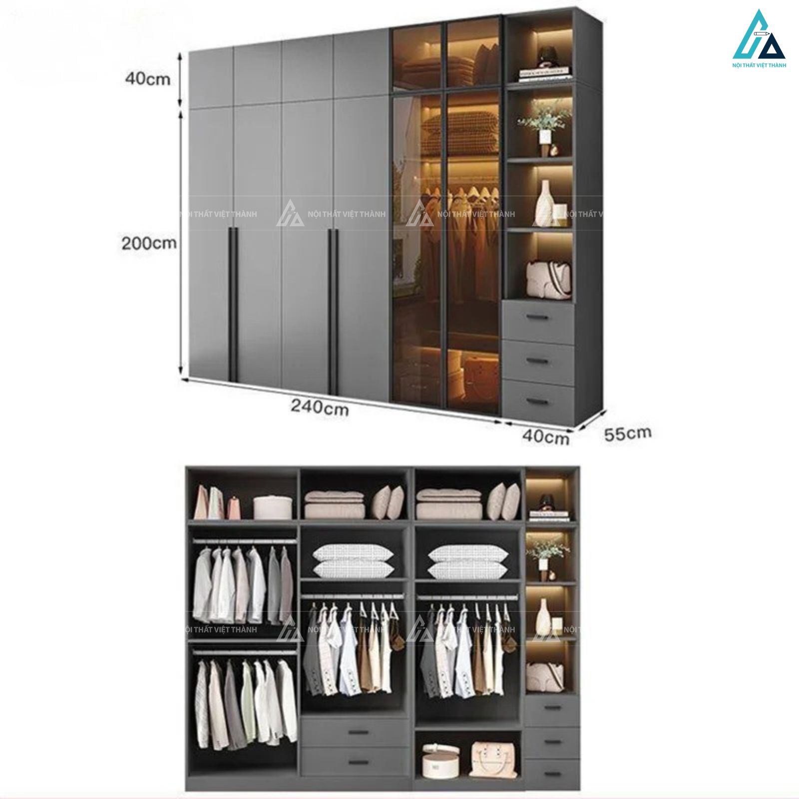 Tủ quần áo gỗ công nghiệp kịch trần cánh kính cao cấp sang trọng 4