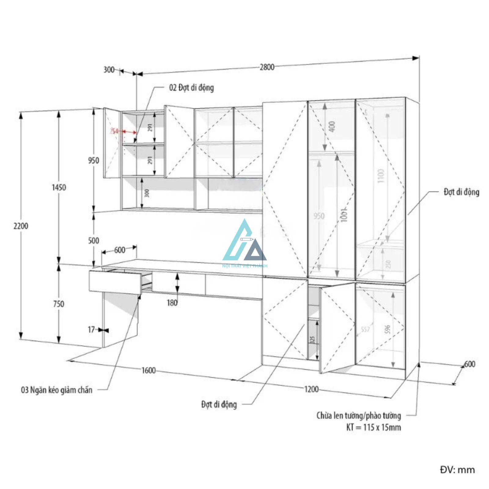 Tủ quần áo gỗ công nghiệp tích hợp bàn làm việc tối ưu không gian nhỏ 4