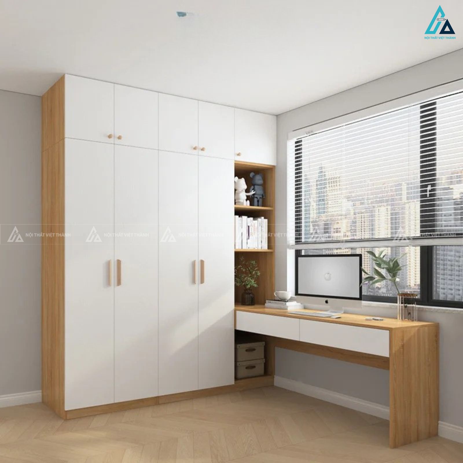 Tủ quần áo gỗ công nghiệp tích hợp bàn làm việc tối ưu không gian