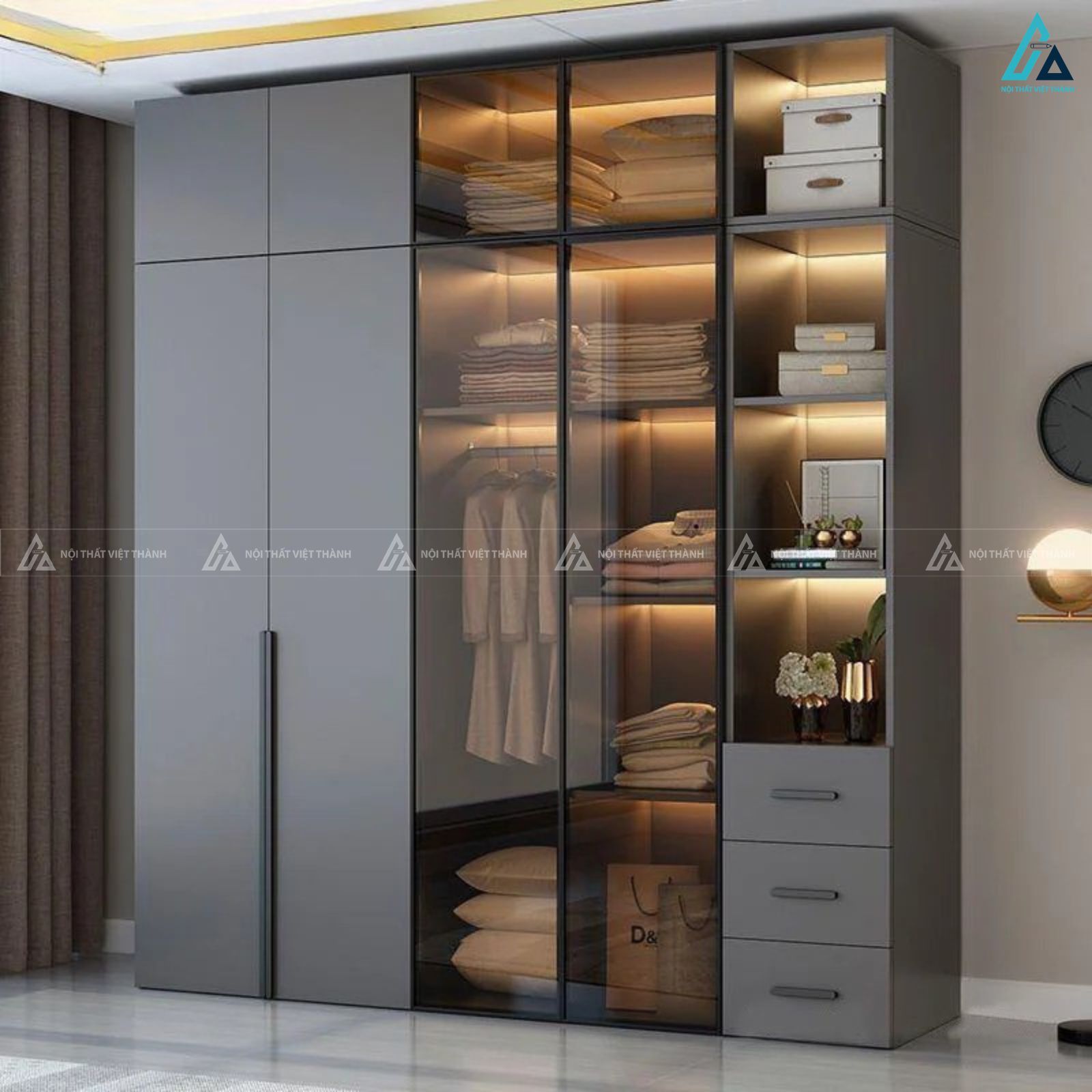 Tủ quần áo gỗ công nghiệp kịch trần cánh kính cao cấp sang trọng