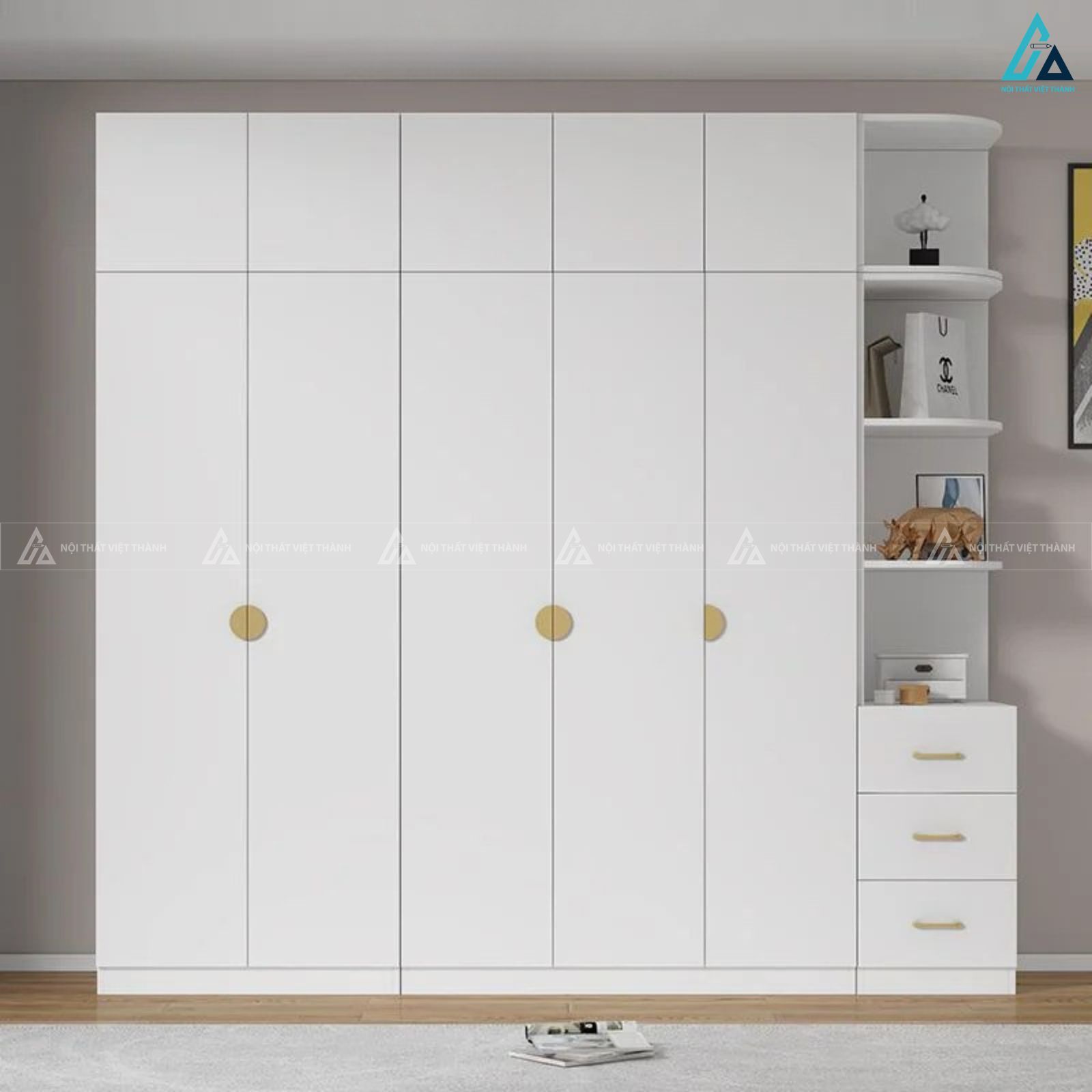Tủ quần áo gỗ công nghiệp màu trắng kết hợp kệ trang trí hiện đại 1