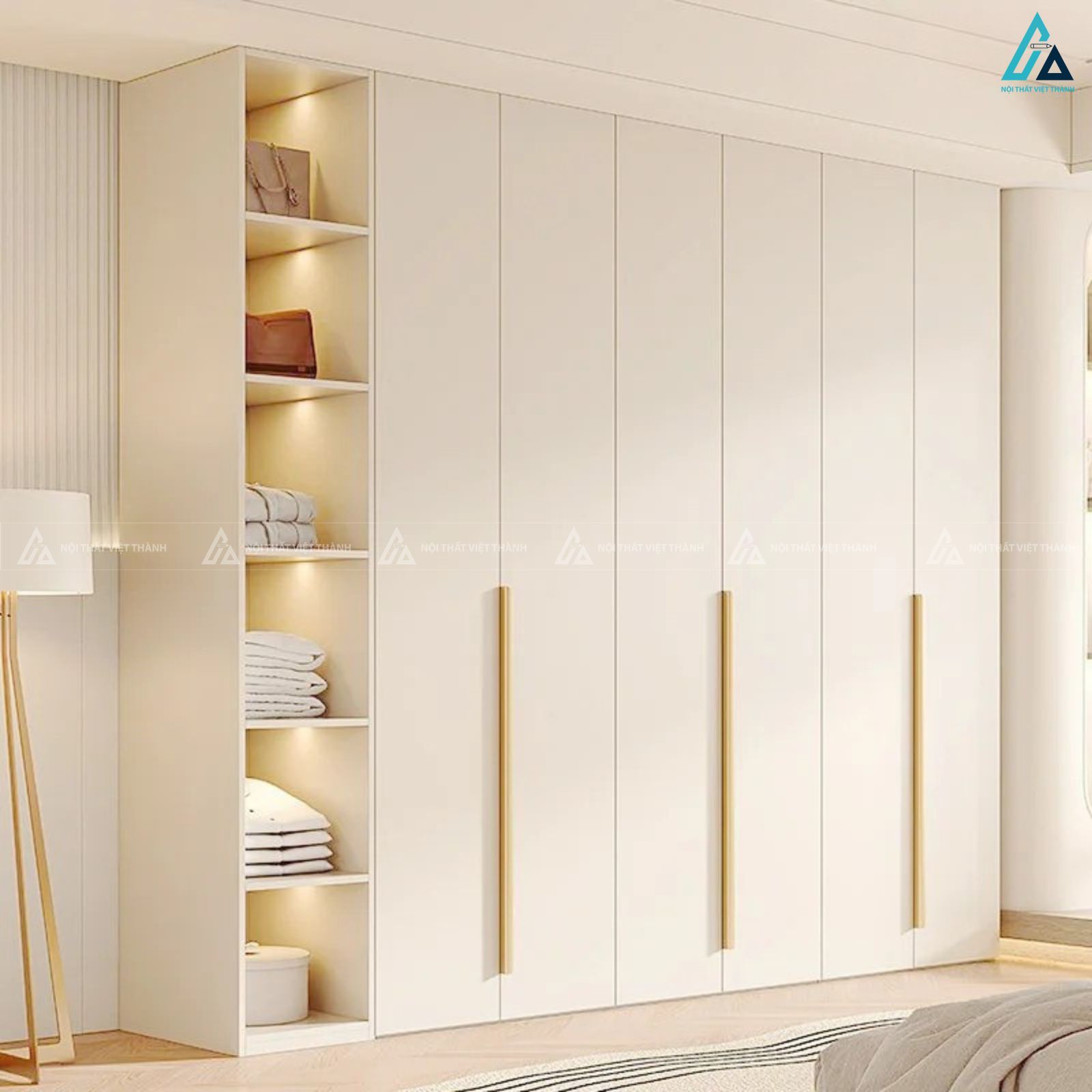 Tủ quần áo gỗ công nghiệp phối kệ mở thông minh cho phòng ngủ hiện đại