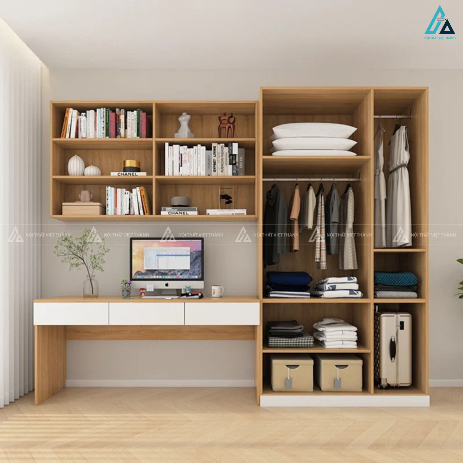 Tủ quần áo gỗ công nghiệp tích hợp bàn làm việc tối ưu không gian nhỏ 1