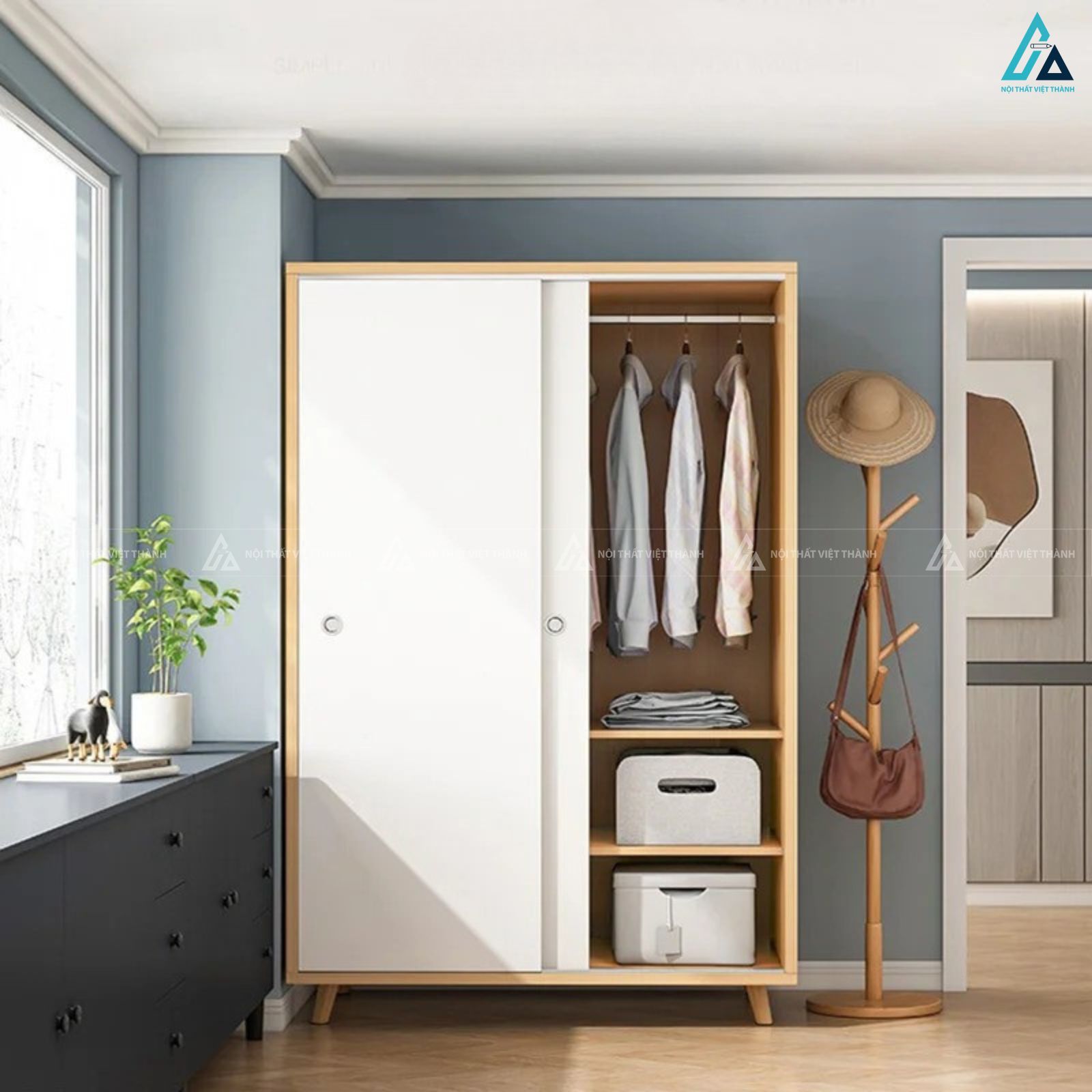 Tủ quần áo gỗ công nghiệp cửa lùa hiện đại cho phòng ngủ diện tích nhỏ