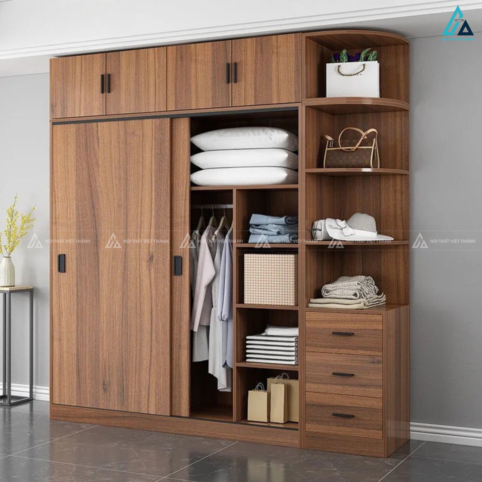 Tủ quần áo gỗ công nghiệp cửa lùa tích hợp kệ trang trí hiện đại 1