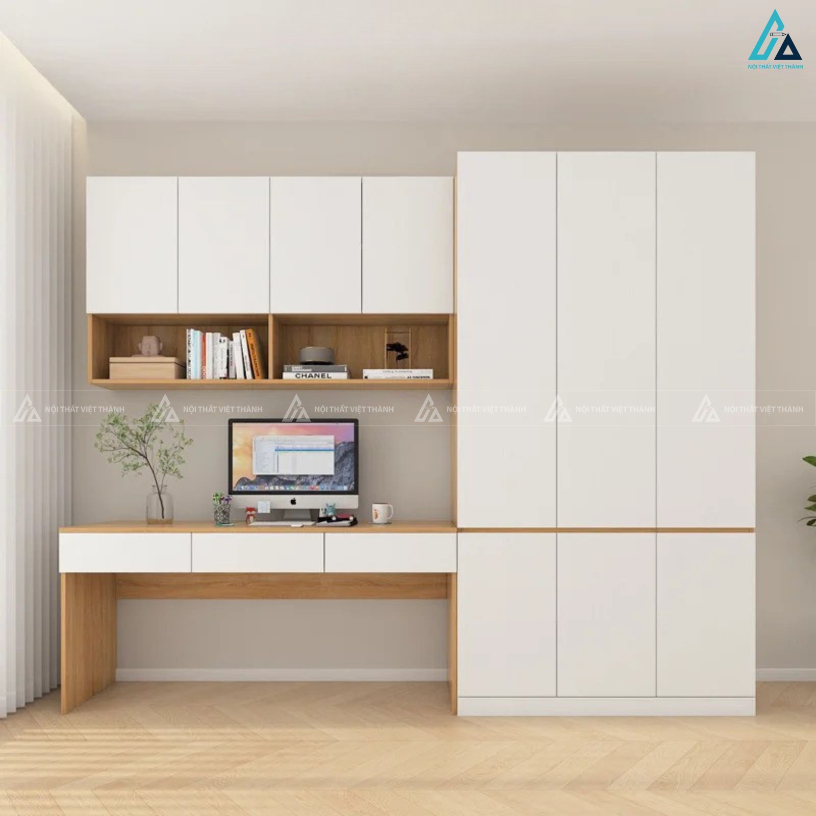 Tủ quần áo gỗ công nghiệp tích hợp bàn làm việc tối ưu không gian nhỏ