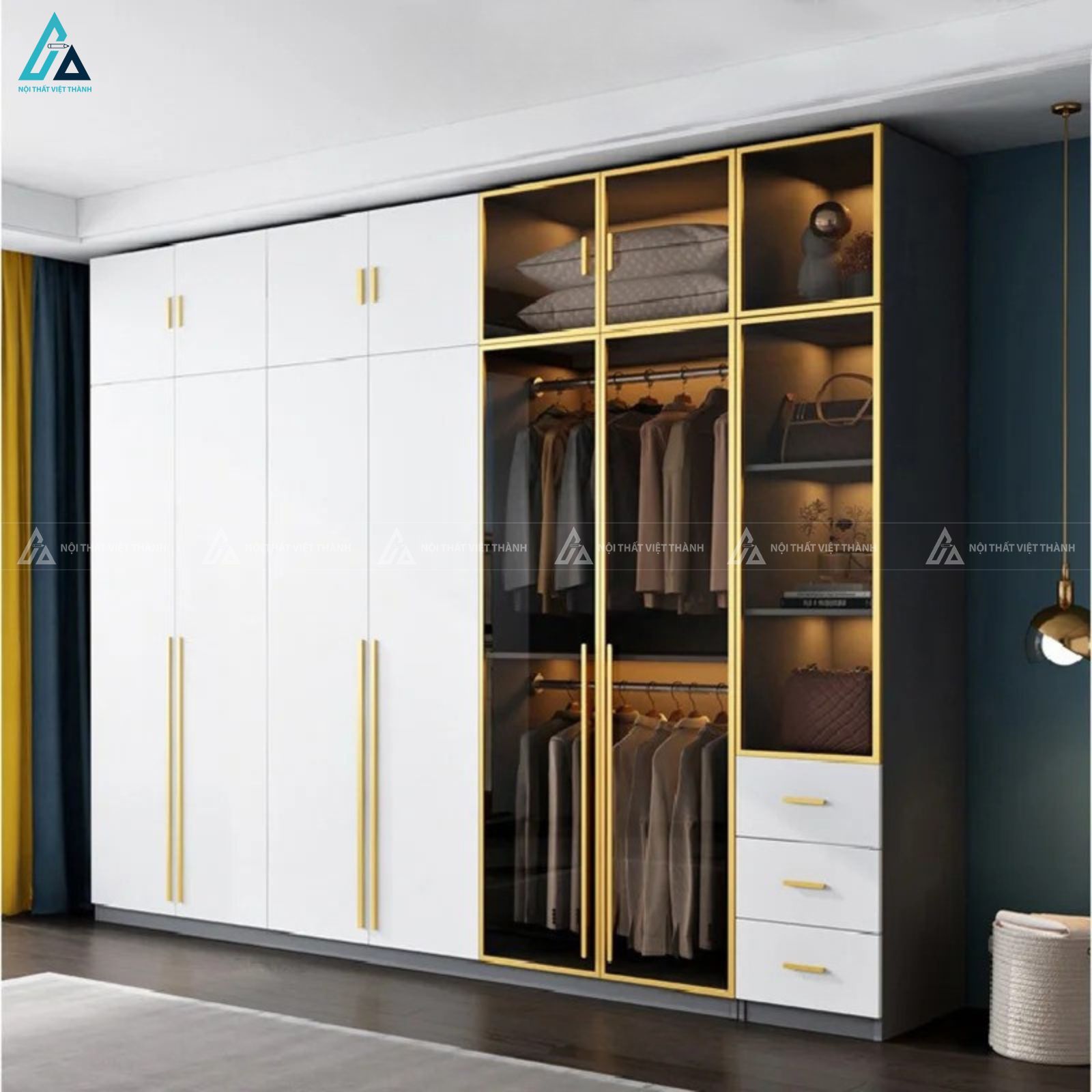 Tủ áo gỗ công nghiệp kết hợp cánh kính sang trọng cho phòng ngủ đẹp