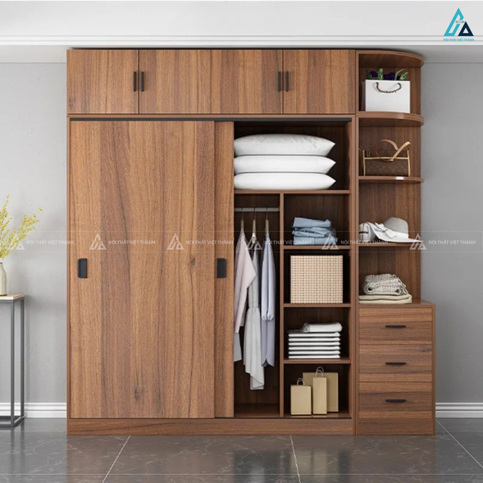 Tủ quần áo gỗ công nghiệp cửa lùa tích hợp kệ trang trí hiện đại