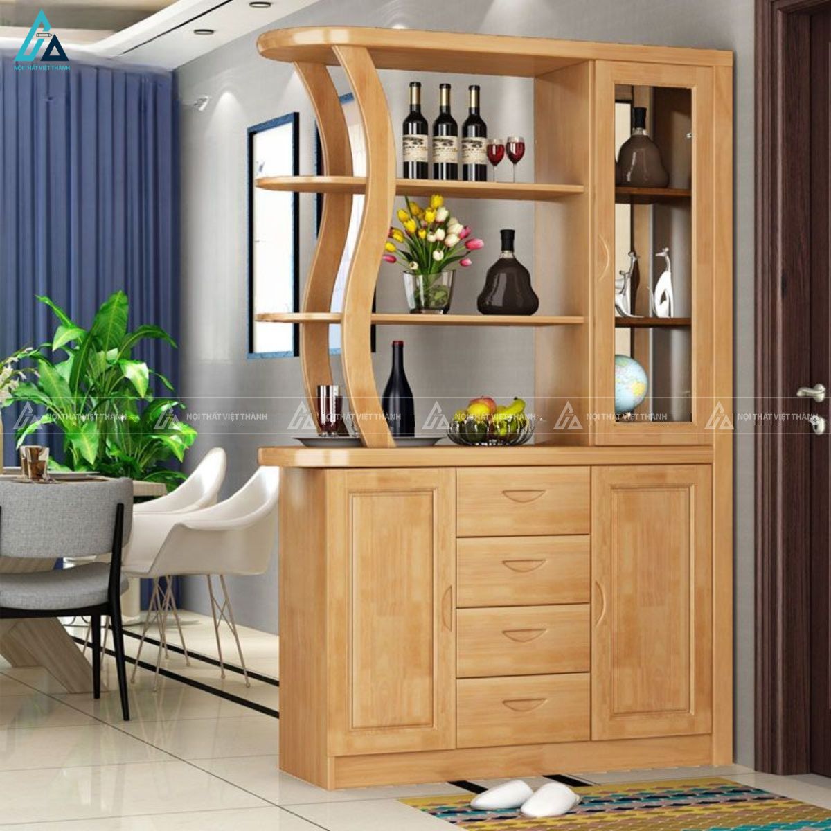 Tủ rượu kết hợp vách ngăn hiện đại cho không gian phòng khách