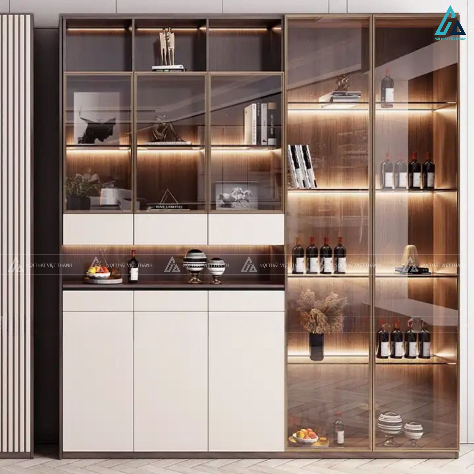 Tủ rượu cánh kính cao cấp phối màu trắng sang trọng cho phòng khách 1
