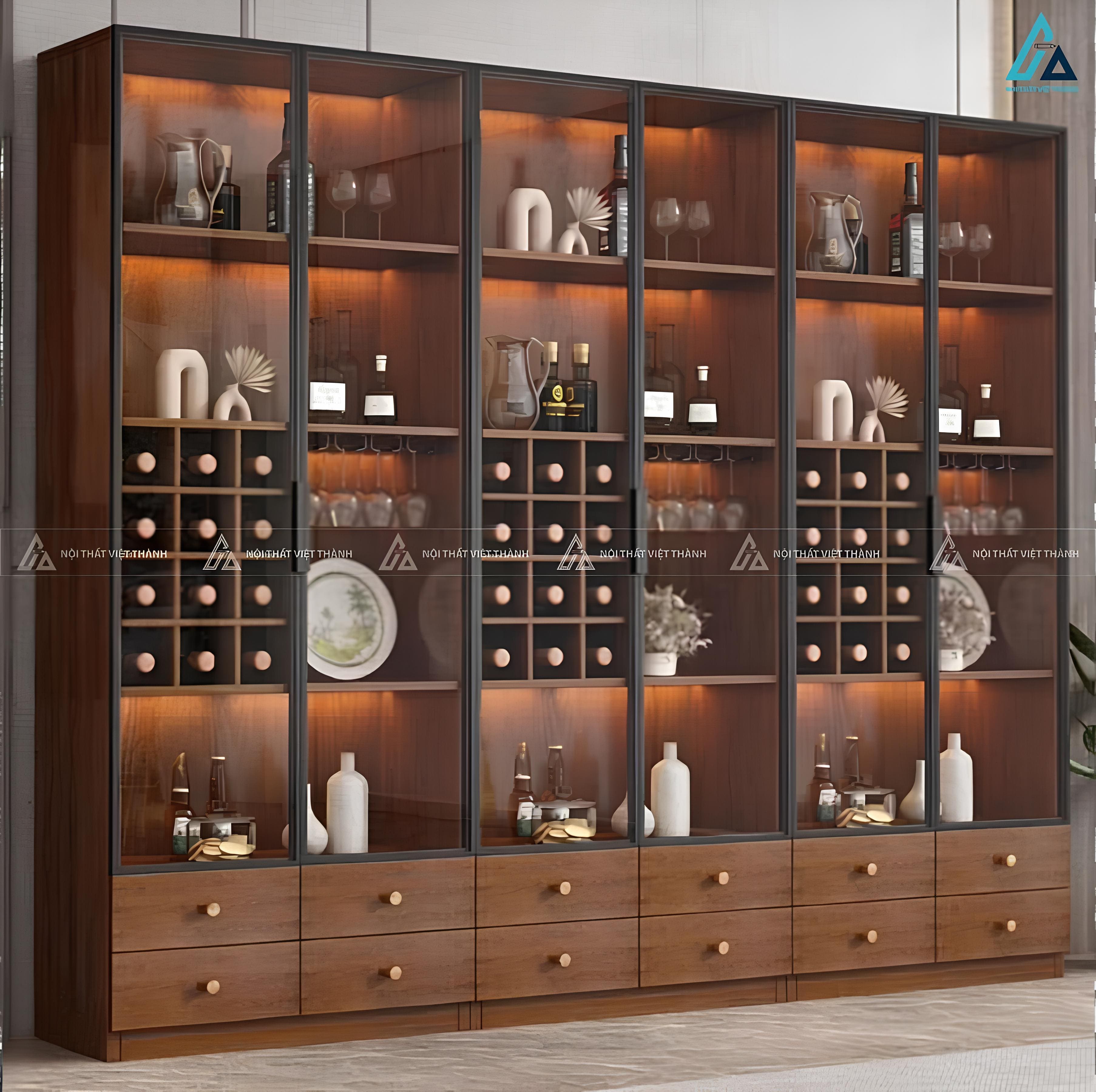 Tủ rượu mdf hiện đại cánh kính trong suốt giúp khoe trọn bộ sưu tập