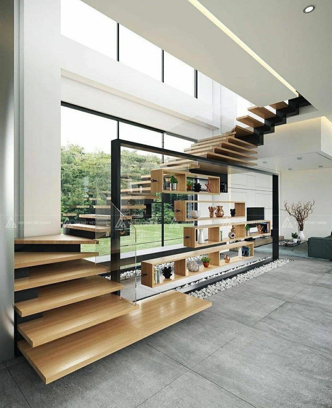 Mẫu vách ngăn cầu thang kết hợp kệ trang trí